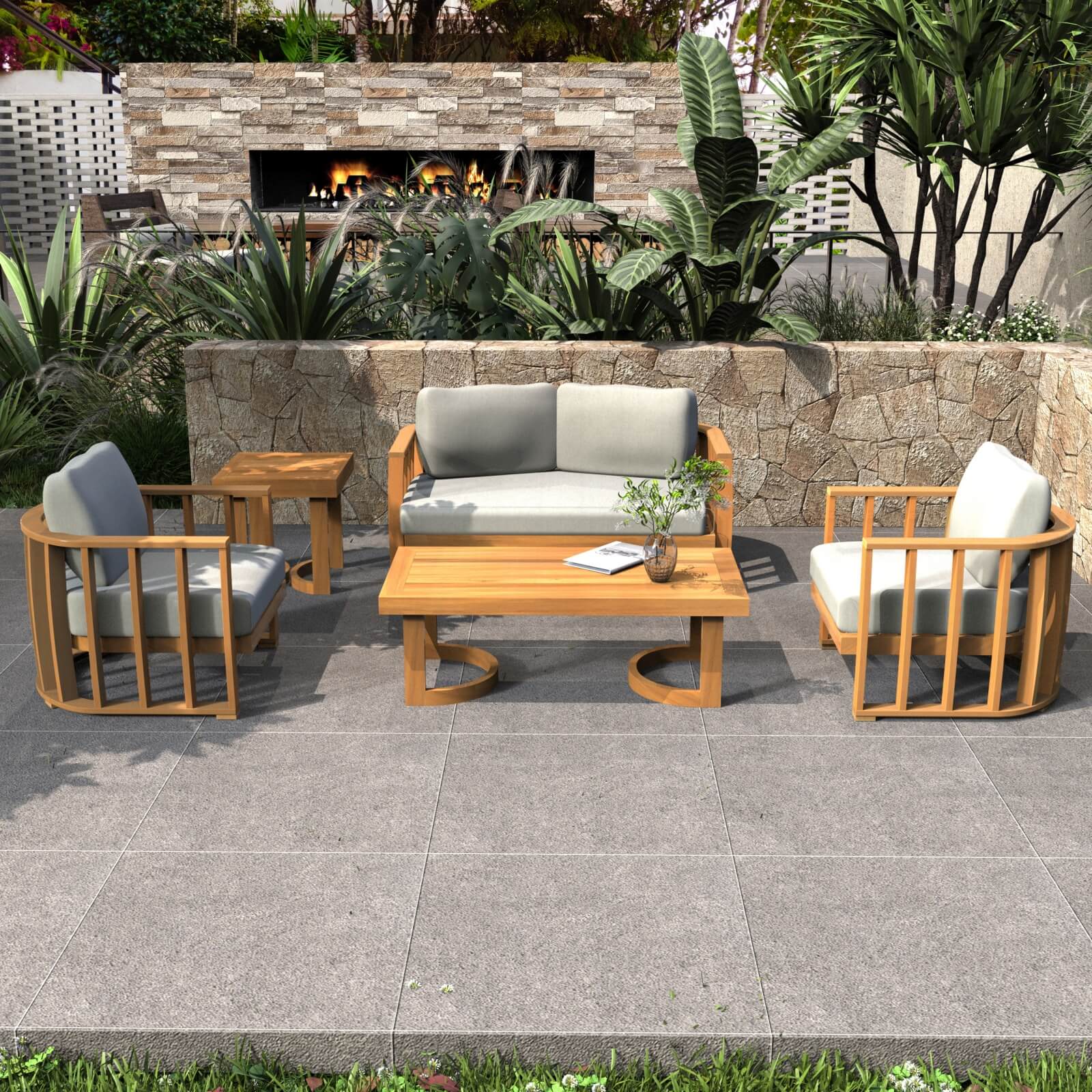 Stylish 5-Piece Acacia Wood Outdoor Sofa Set with Cushions(PAS-2521-19F-2SS+SS*2+TA+ST)