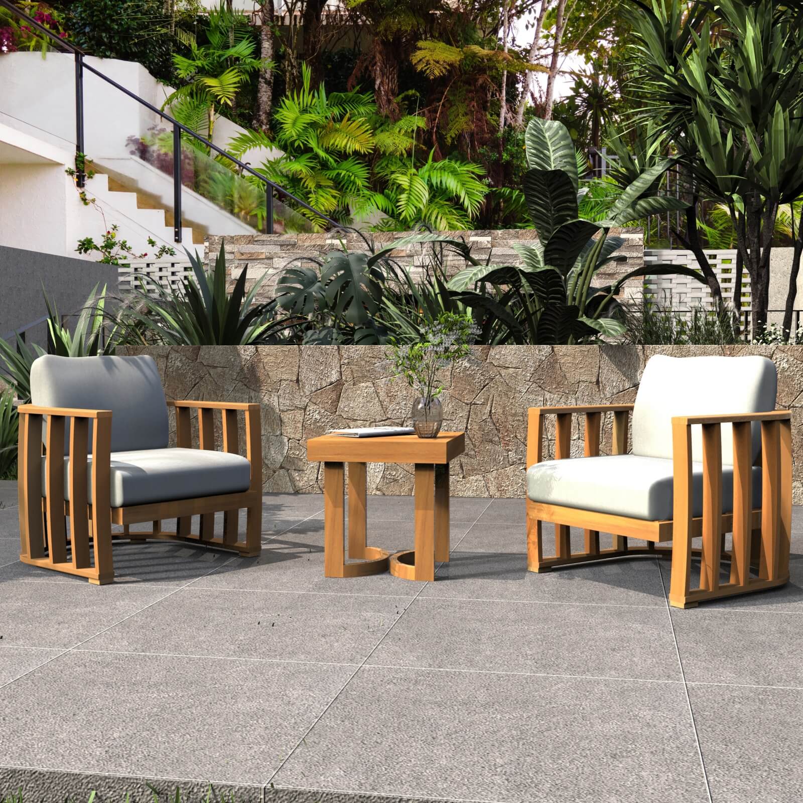 Teak-Finish Acacia Wood Chair Set – 2 Armchairs & Side Table(PAS-2521-19F-SS*2+ST)
