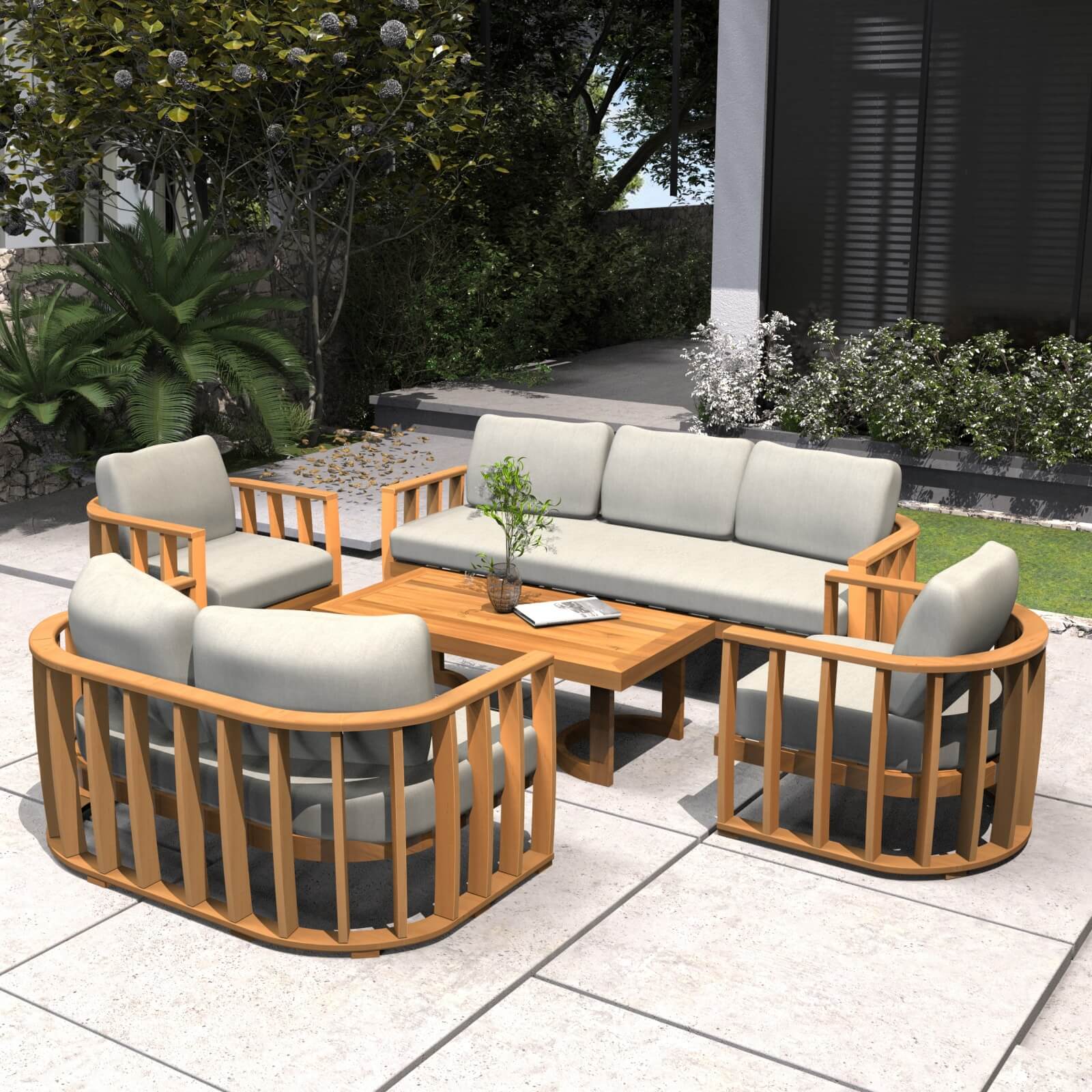 5-Piece Acacia Wood Outdoor Sofa Set with Cushions(PAS-2521-19F-3SS+2SS+SS*2+TA) - Abrihome