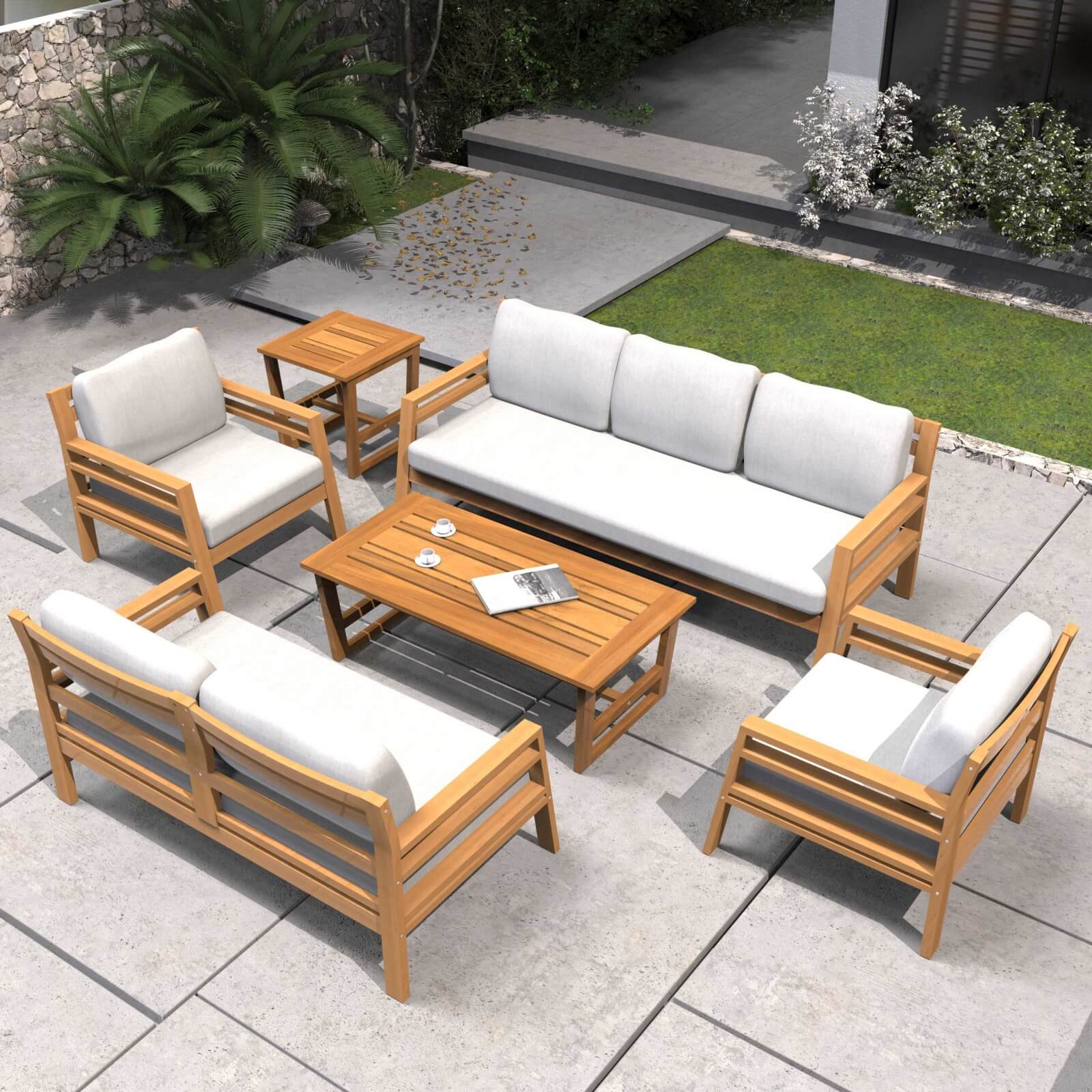 7-Piece Acacia Wood Outdoor Set – Teak Sofas & Tables with Cushions(PAS-2520-19F-3SS+2SS+SS*2+TA+ST) - Abrihome