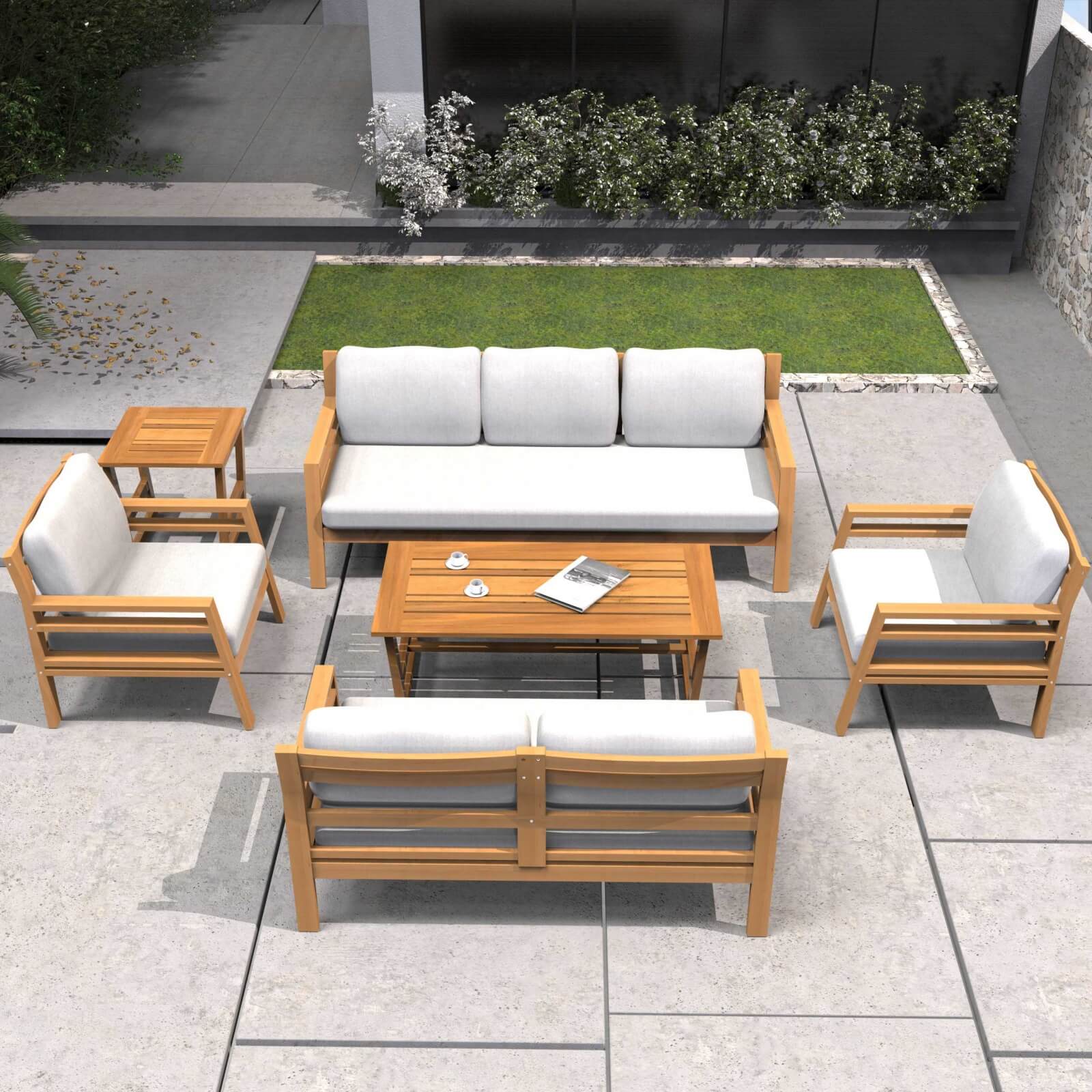 7-Piece Acacia Wood Outdoor Set – Teak Sofas & Tables with Cushions(PAS-2520-19F-3SS+2SS+SS*2+TA+ST) - Abrihome