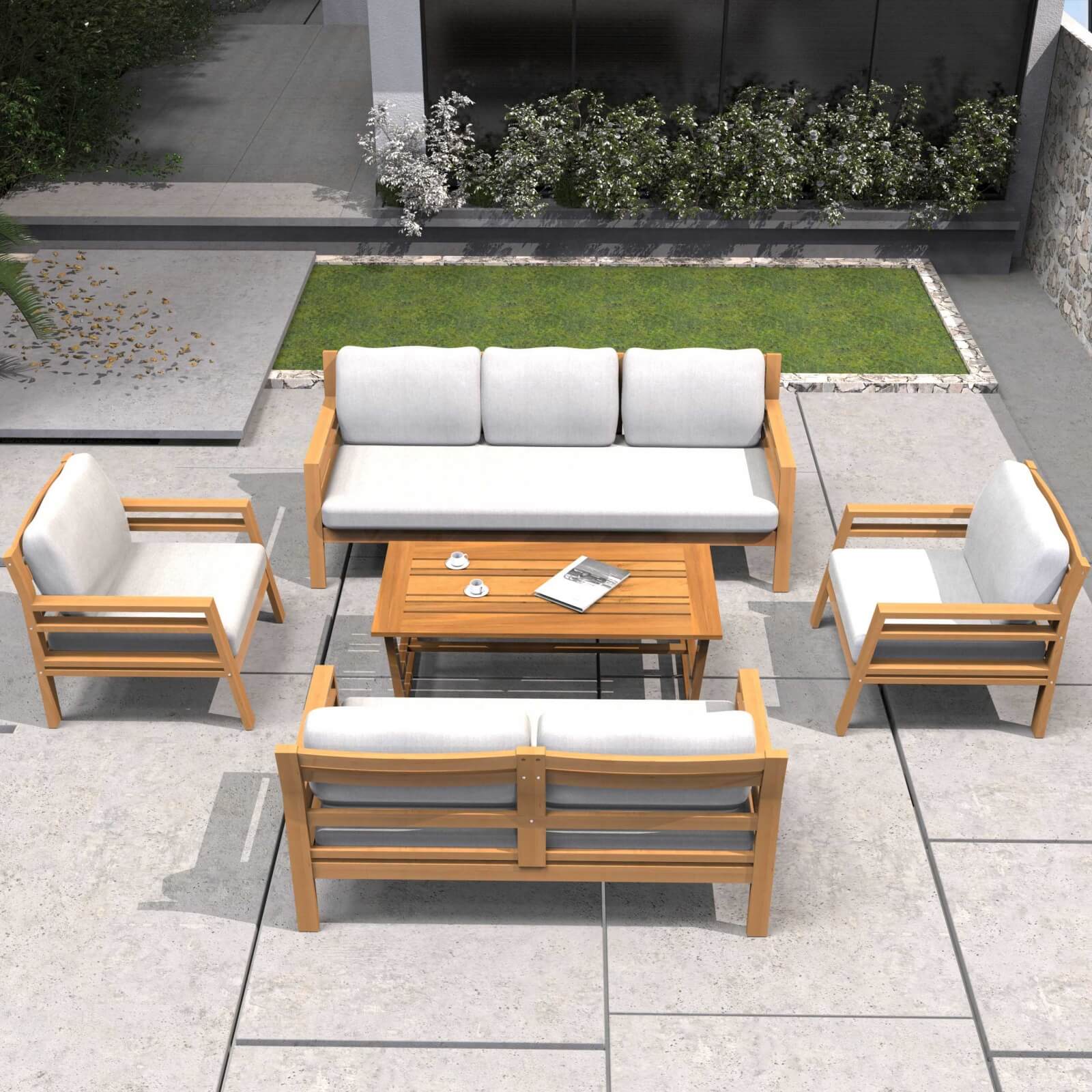 Teak-Finish Acacia Outdoor Set – 5-Piece Sofa & Table Combo with Cushions(PAS-2520-19F-3SS+2SS+SS*2+TA)