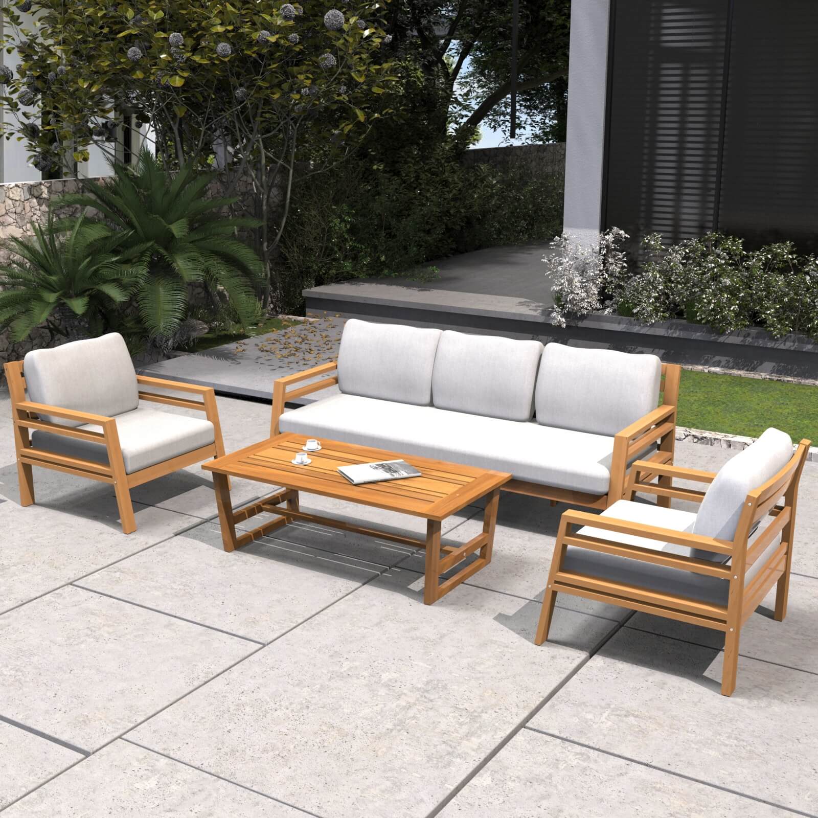 Luxury 4-Piece Acacia Wood Outdoor Sofa Set with Cushions(PAS-2520-19F-3SS+SS*2+TA)