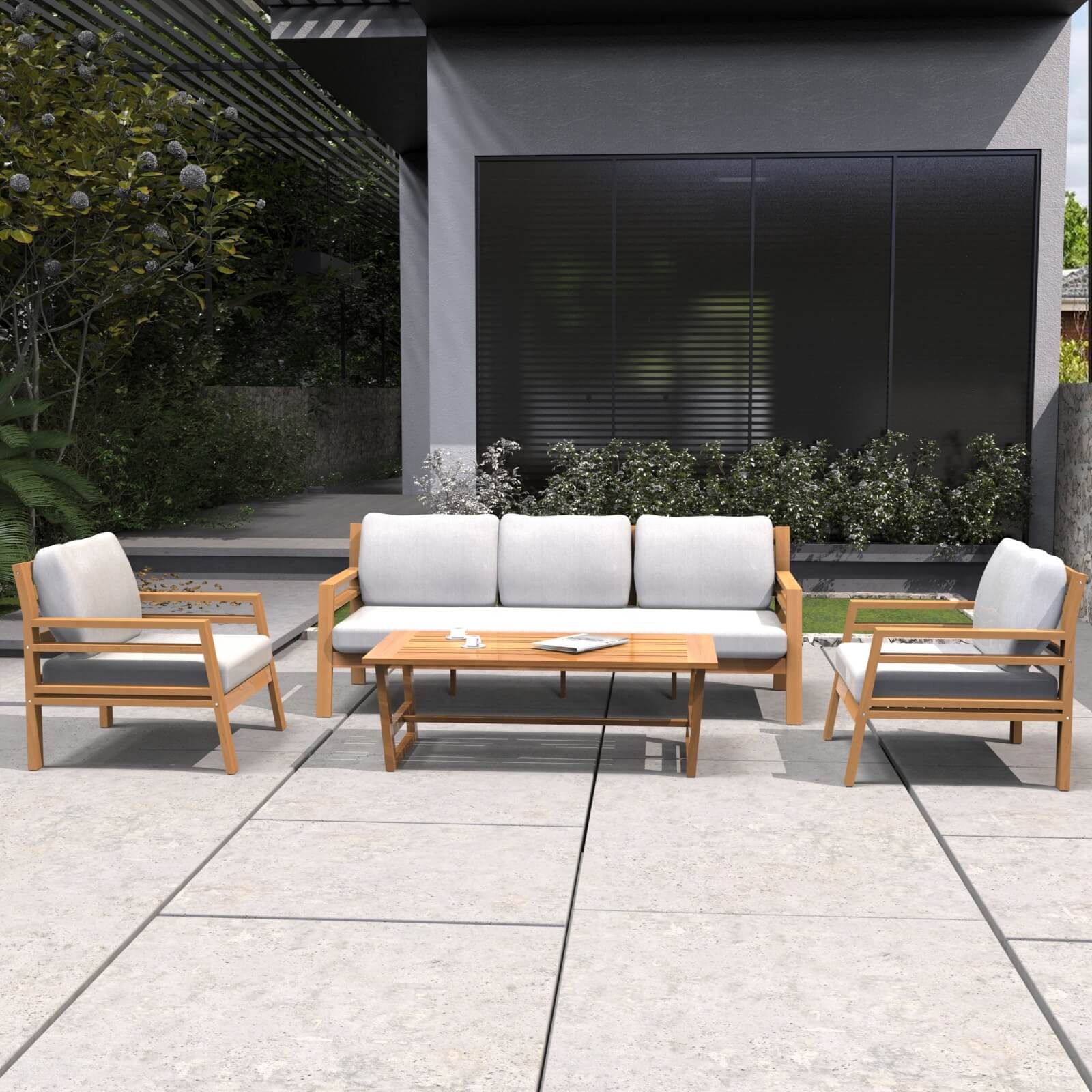 Luxury 4-Piece Acacia Wood Outdoor Sofa Set with Cushions(PAS-2520-19F-3SS+SS*2+TA) - Abrihome