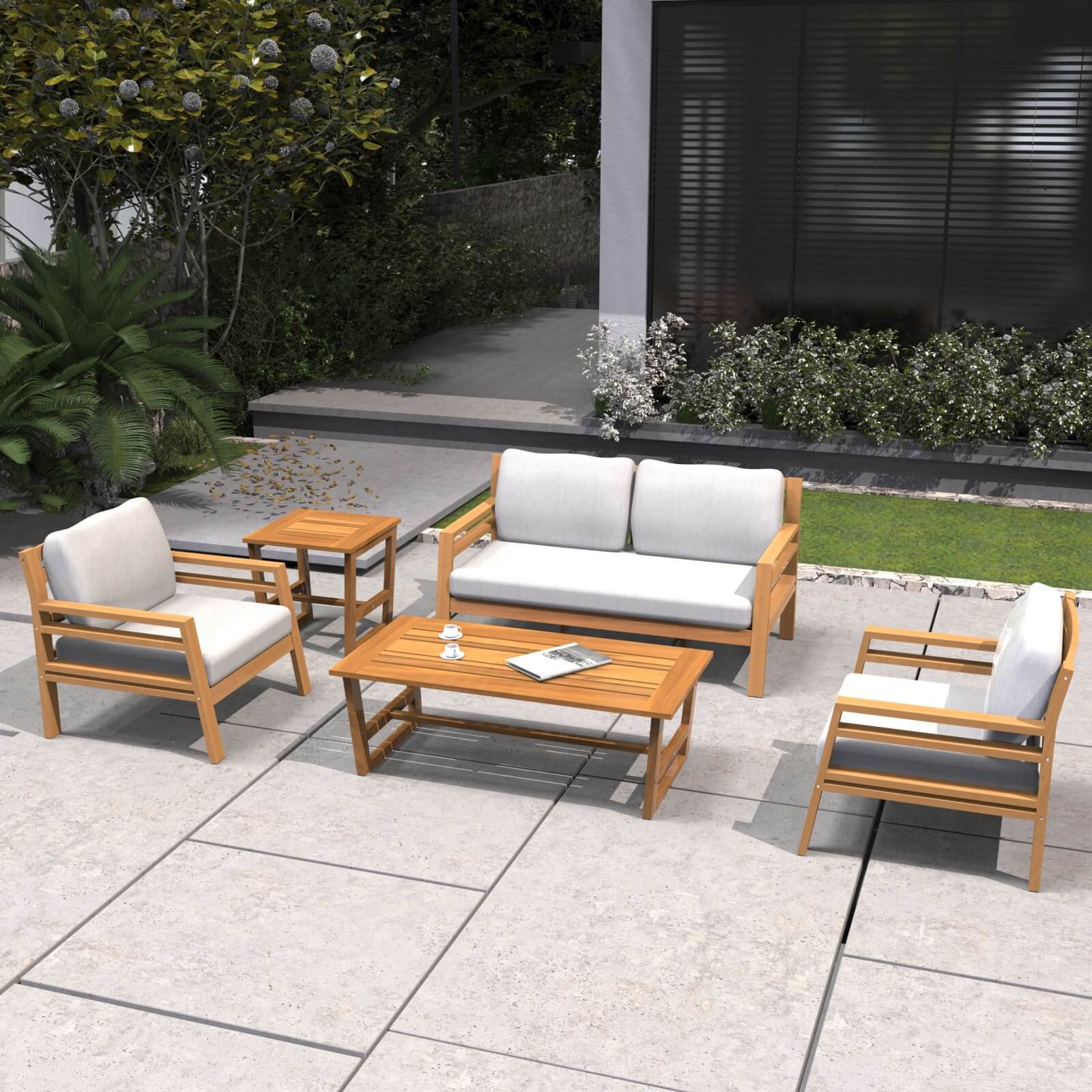 Teak-Look 5-Piece Patio Set with Plush Cushions(PAS-2520-19F-2SS+SS*2+TA+ST)