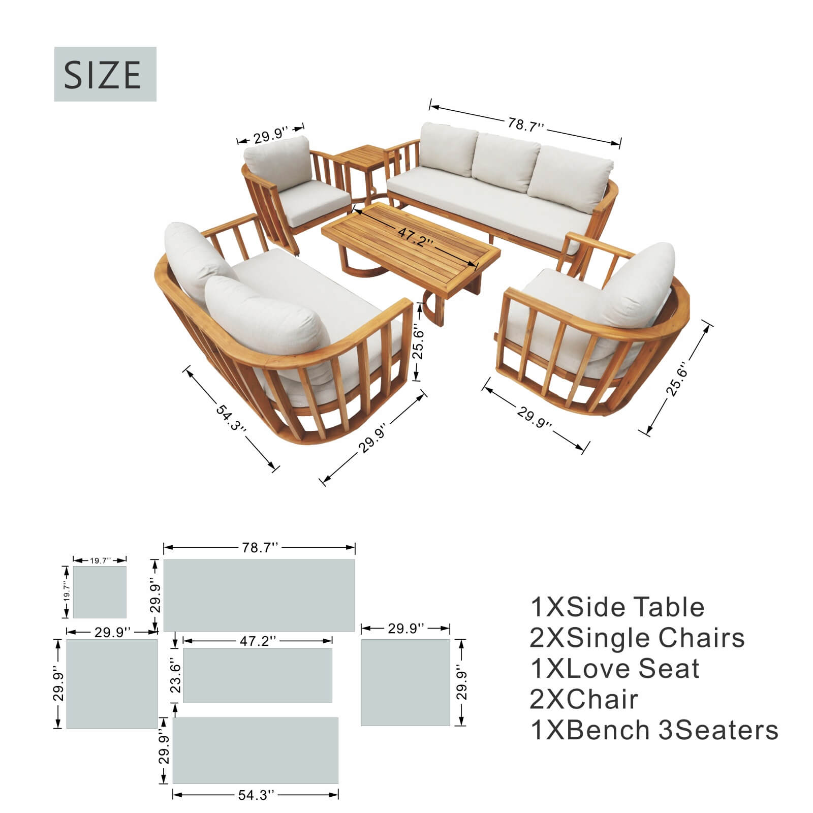 6-Piece Acacia Wood Outdoor Sofa Set with Plush Cushions (PAS-2521-19F-3SS+2SS+SS*2+TA+ST) - Abrihome