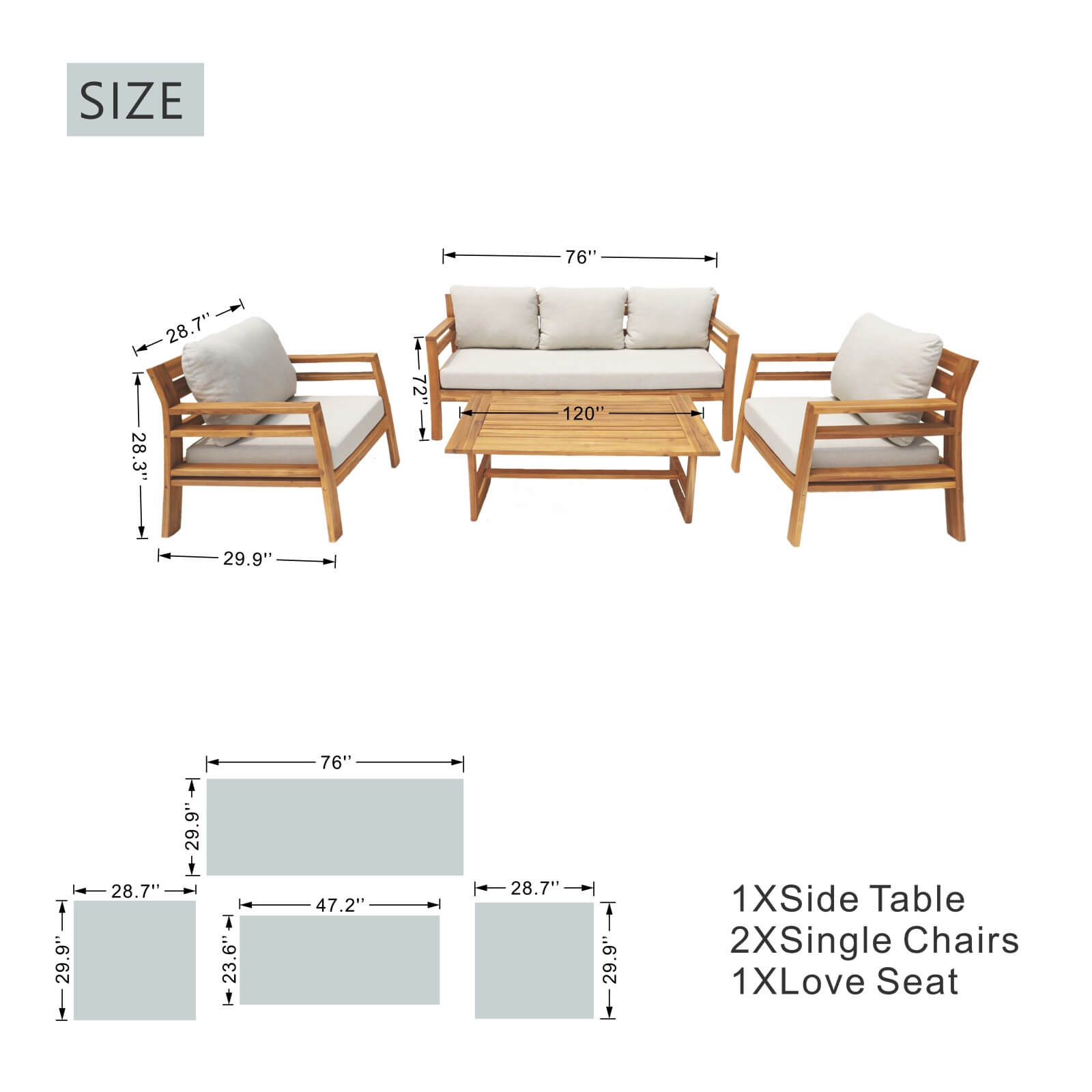Luxury 4-Piece Acacia Wood Outdoor Sofa Set with Cushions(PAS-2520-19F-3SS+SS*2+TA) - Abrihome