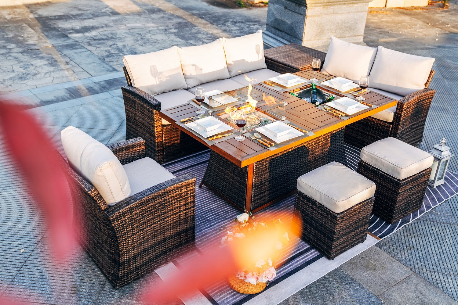 NEW 7-Piece Patio Brown Conversational Sofa Set With 1 Gas Firepit And Ice Container Rectangle Dining Table. 1 Storage Box And 2 Ottomans