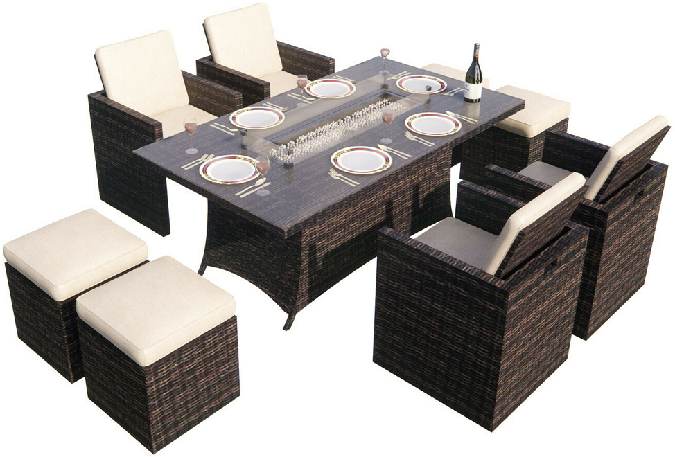 9-Piece Outdoor Rectangle Gas Fire Table Patio Wicker Dining Set