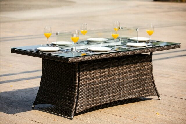 Gas Fire Rectangle Table Patio Wicker Dining Table with Sofa Set(BBQ Plate needs to be purchased separately)
