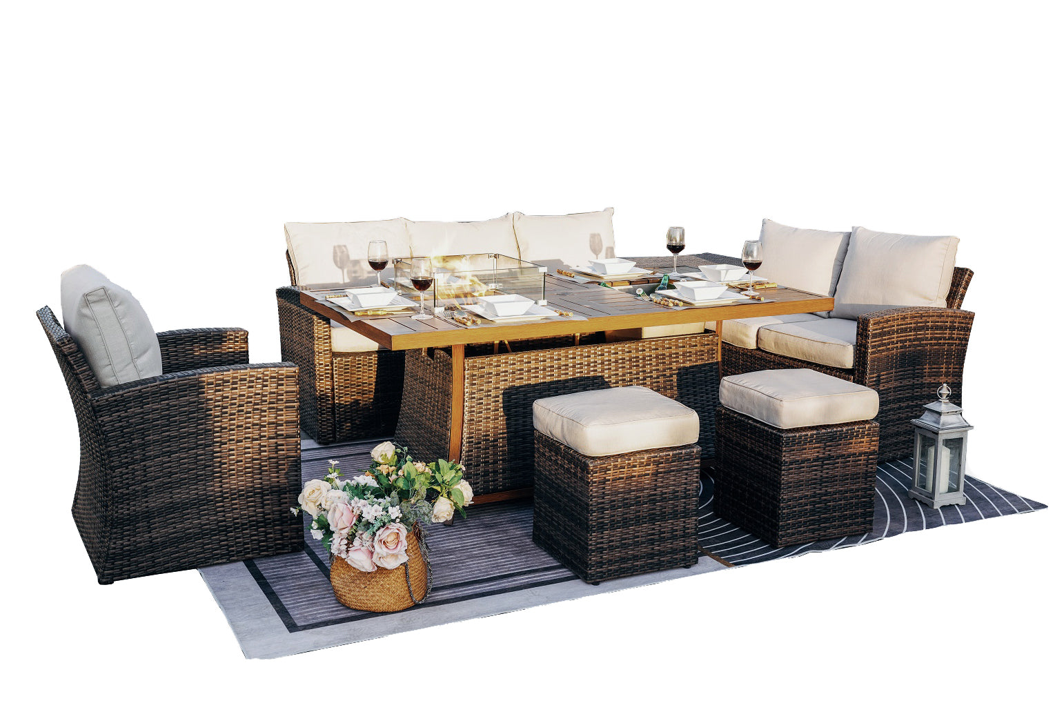 NEW 7-Piece Patio Brown Conversational Sofa Set With 1 Gas Firepit And Ice Container Rectangle Dining Table. 1 Storage Box And 2 Ottomans