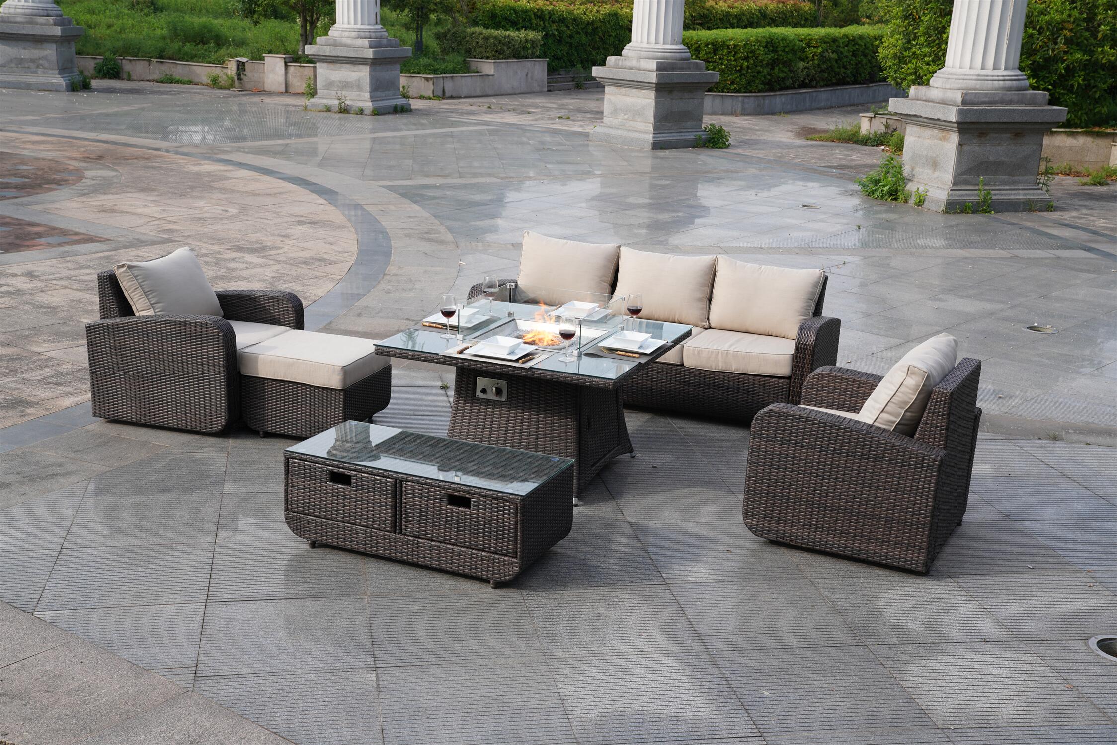 6 P ieces Wicker Patio Square Gas Fire Pit Dining Table with Sofa Set