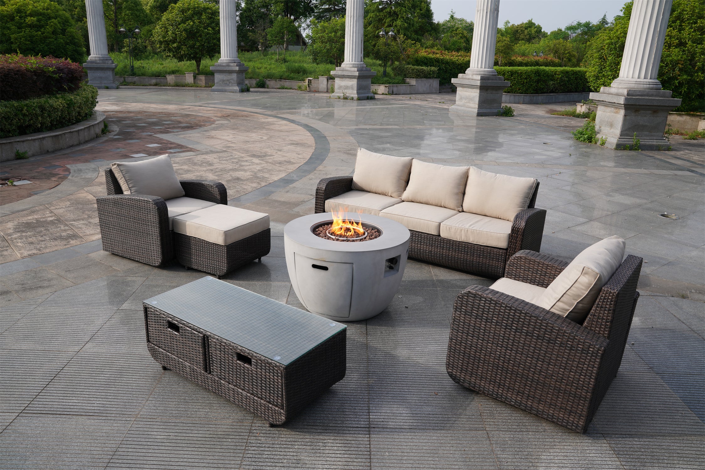 Abrihome Gray 5pc Patio Garden Furniture Sofa Set Sectional with Fire Table