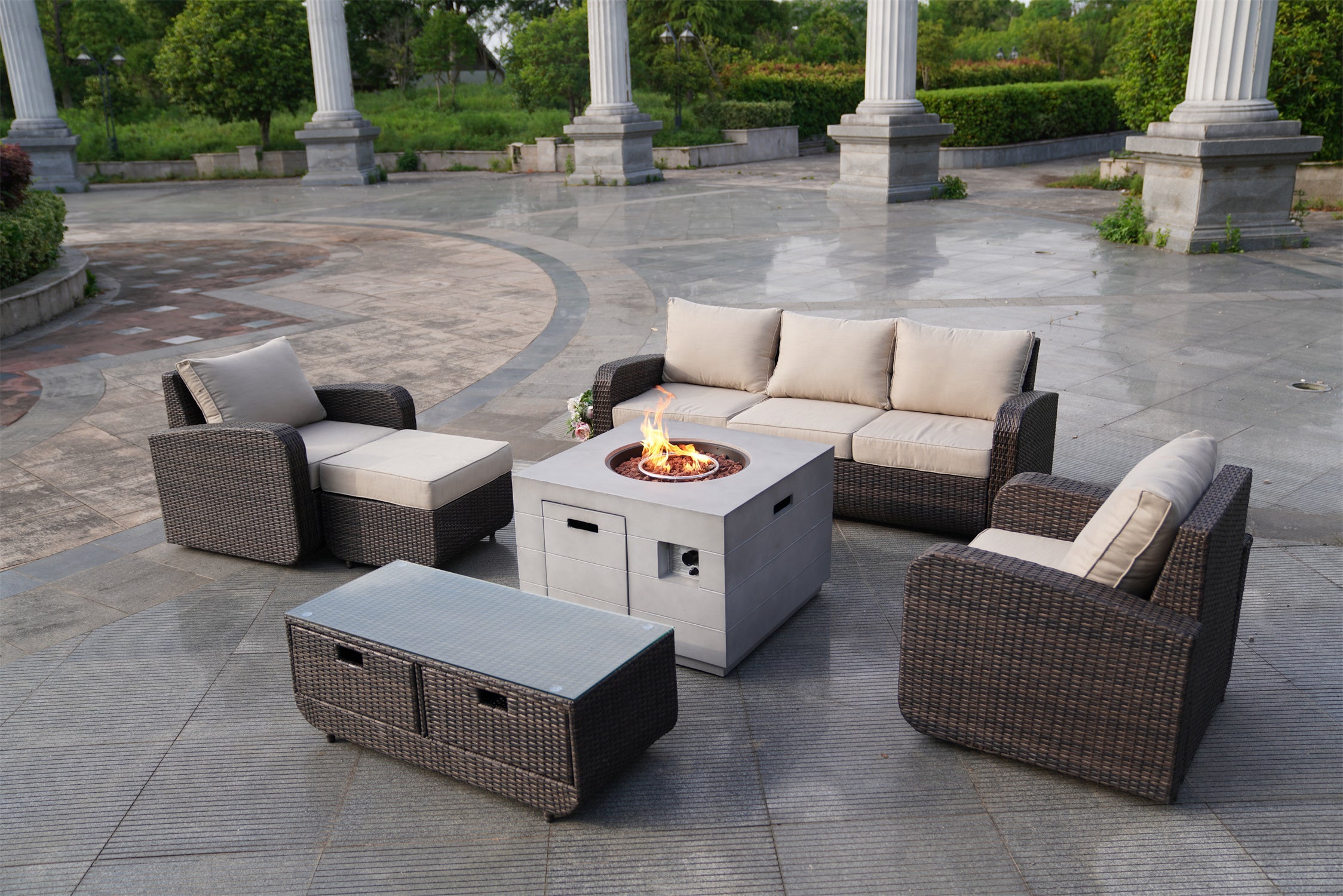 Abrihome Gray 5pc Patio Garden Furniture Sofa Set Sectional with Fire Table