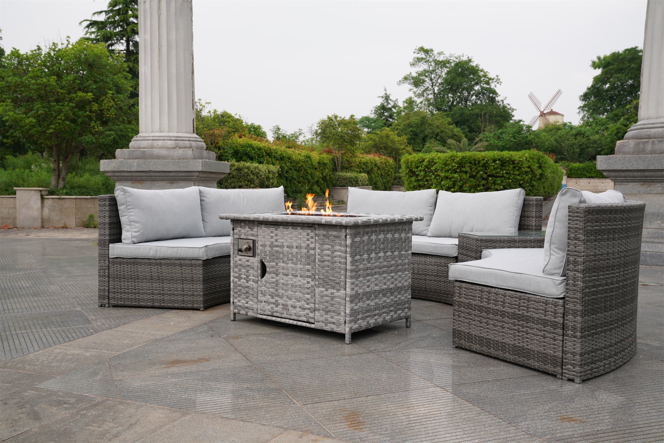 Abrihome Jessica 6 Piece Rattan Sectional Set with Fire Table Set