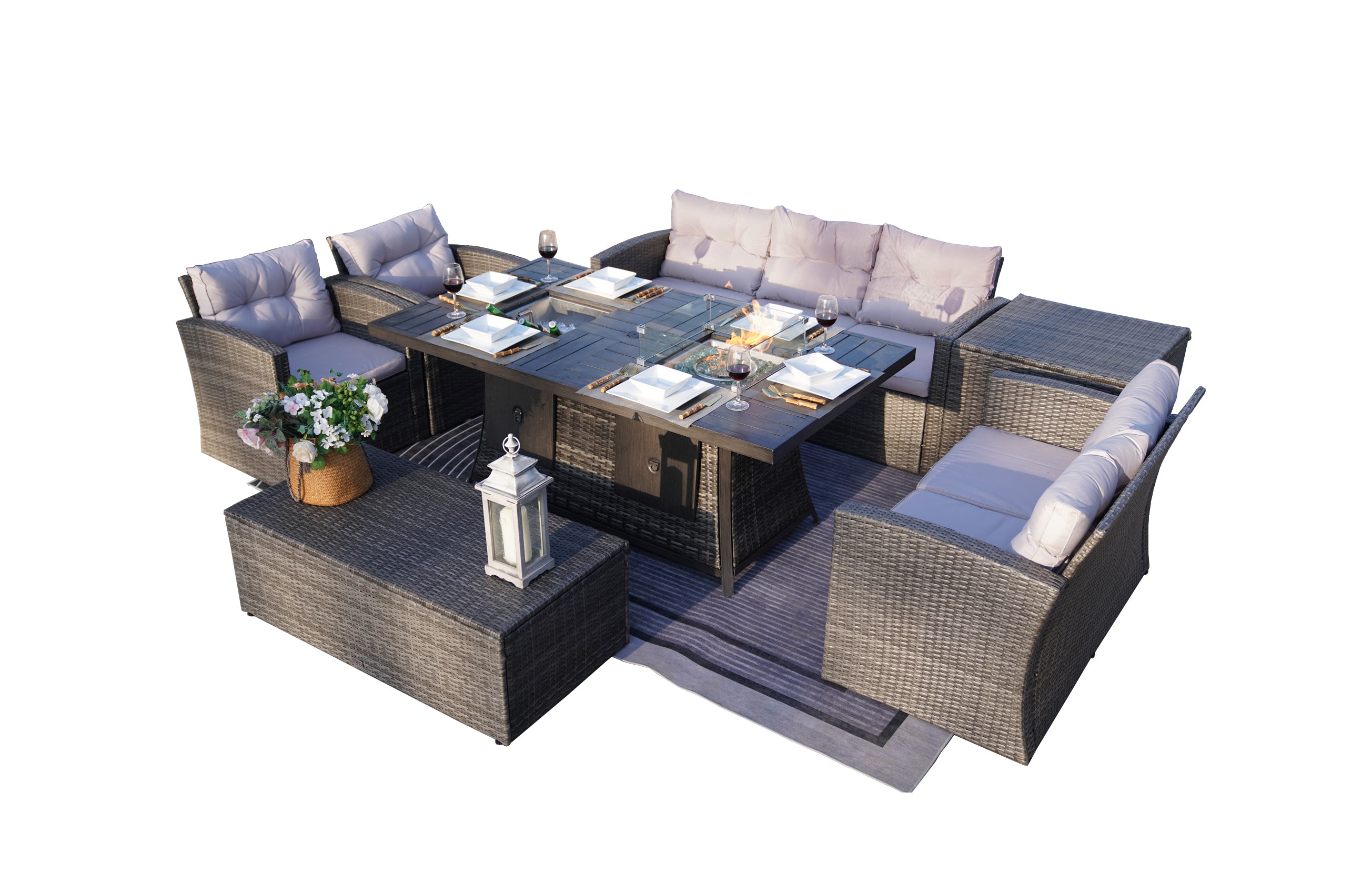 NEW 7-Piece Patio Gray Conversational Sofa Set With Gas Firepit And Ice Container Rectangle Dining Table And Storage Box
