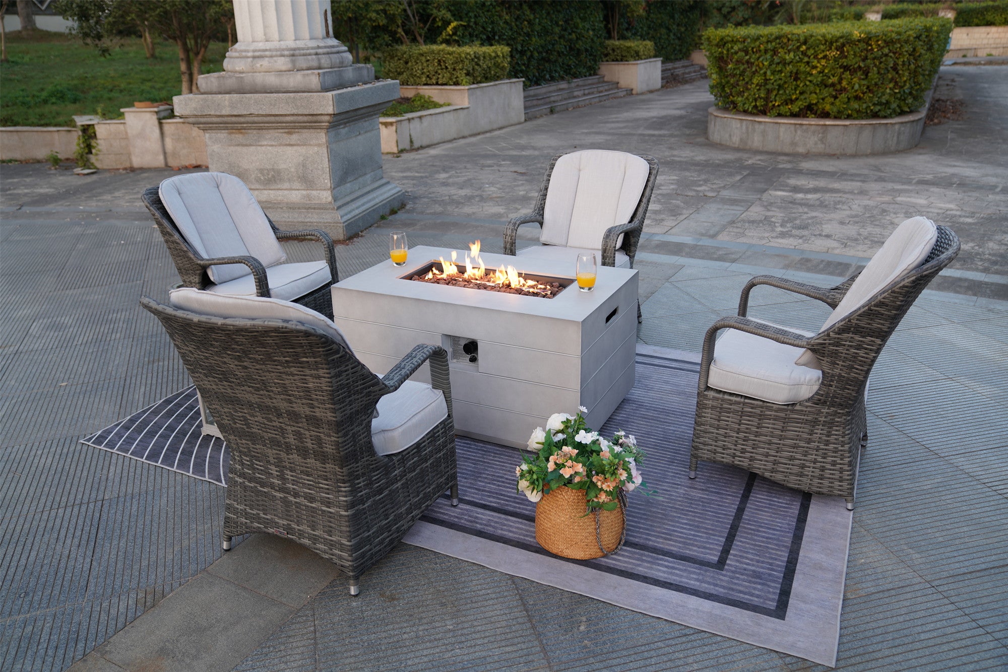 5 Pieces Outdoor Grey Wicker Chair Gas Fire Table Set with Table Cover