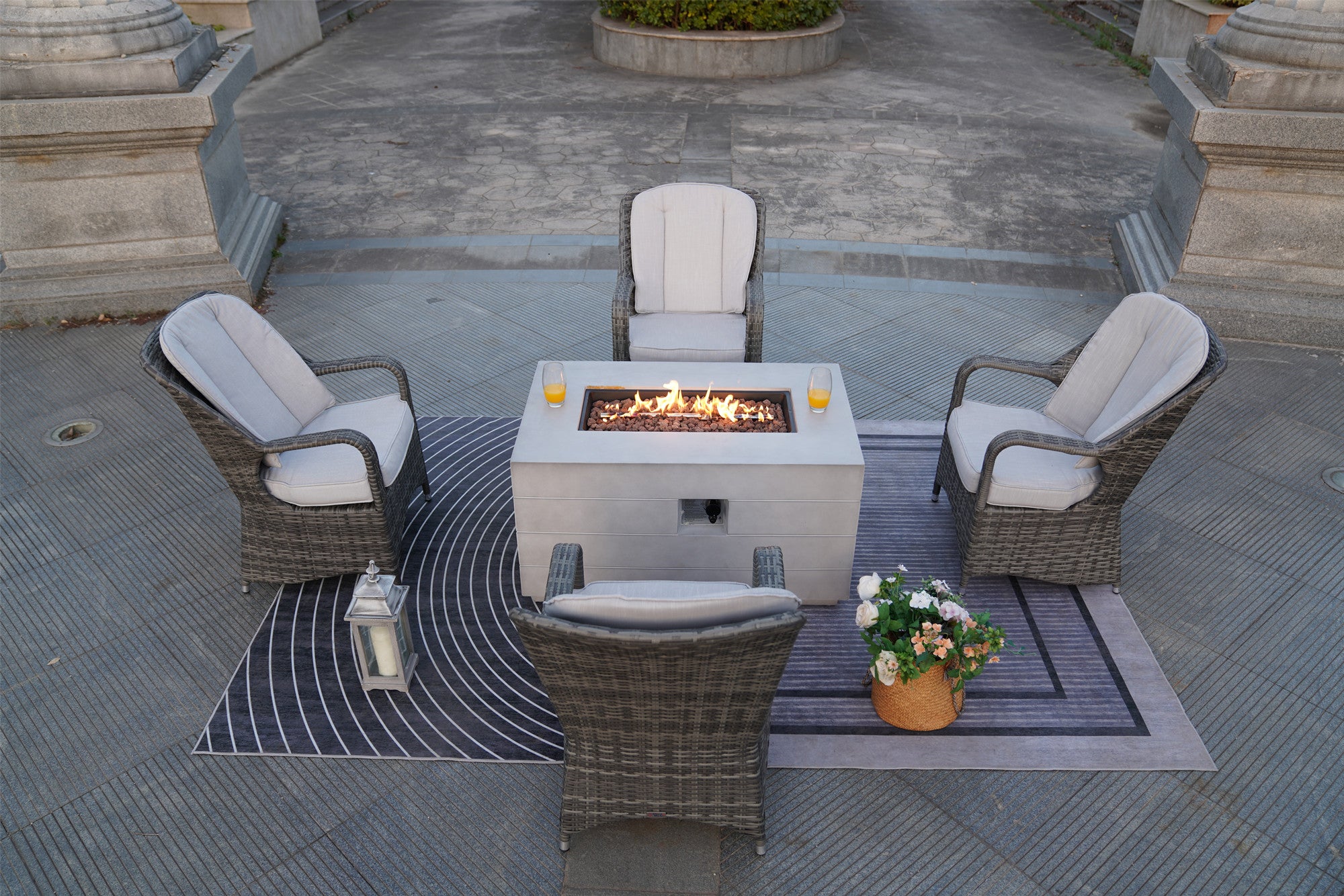 5 Pieces Outdoor Grey Wicker Chair Gas Fire Table Set with Table Cover