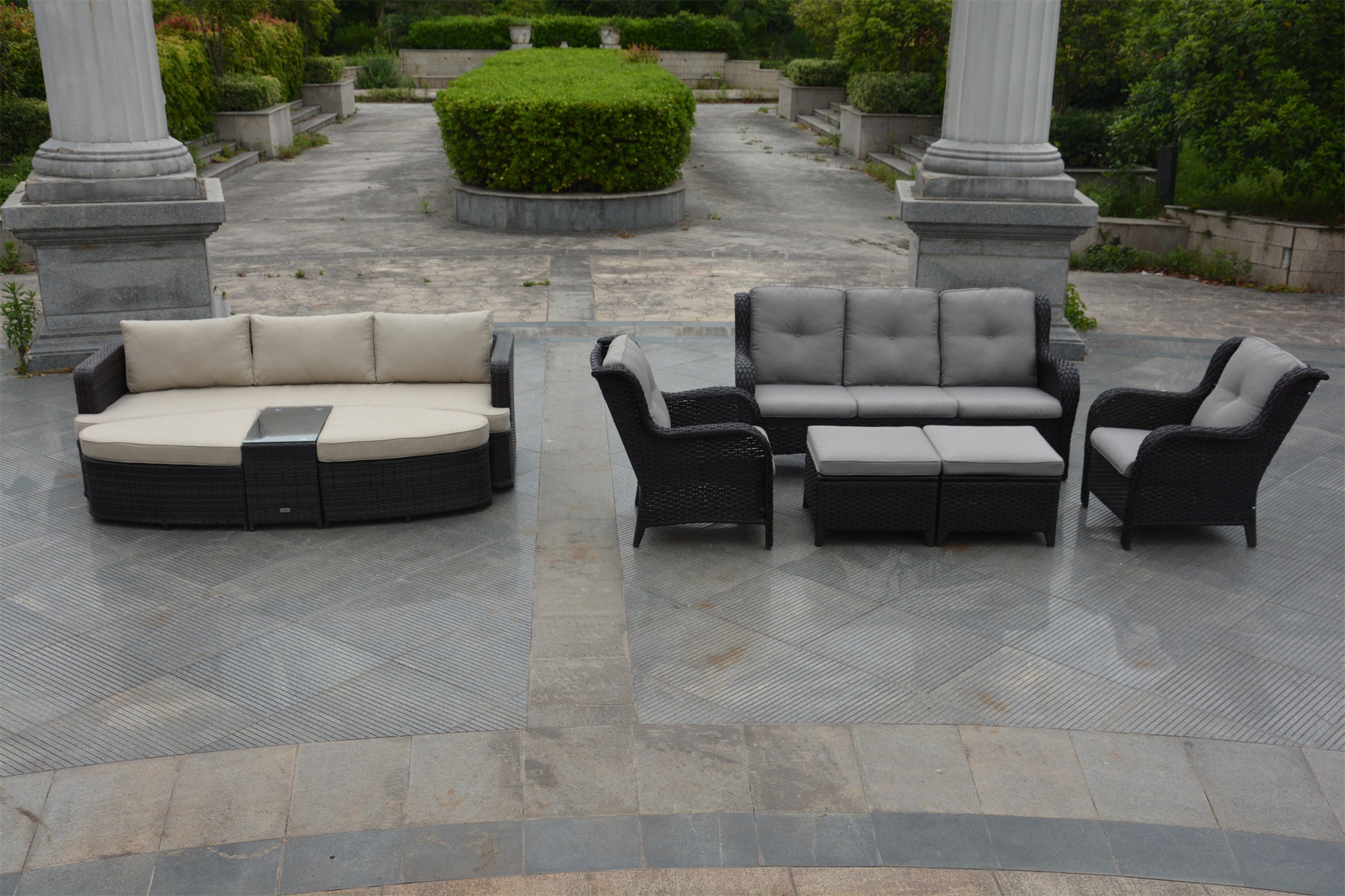 Gray 5-Piece Wicker Patio Conversation Seating Set with Gray Cushions and Cochran 4 Piece Deep Seating Group Daybed with Cushions