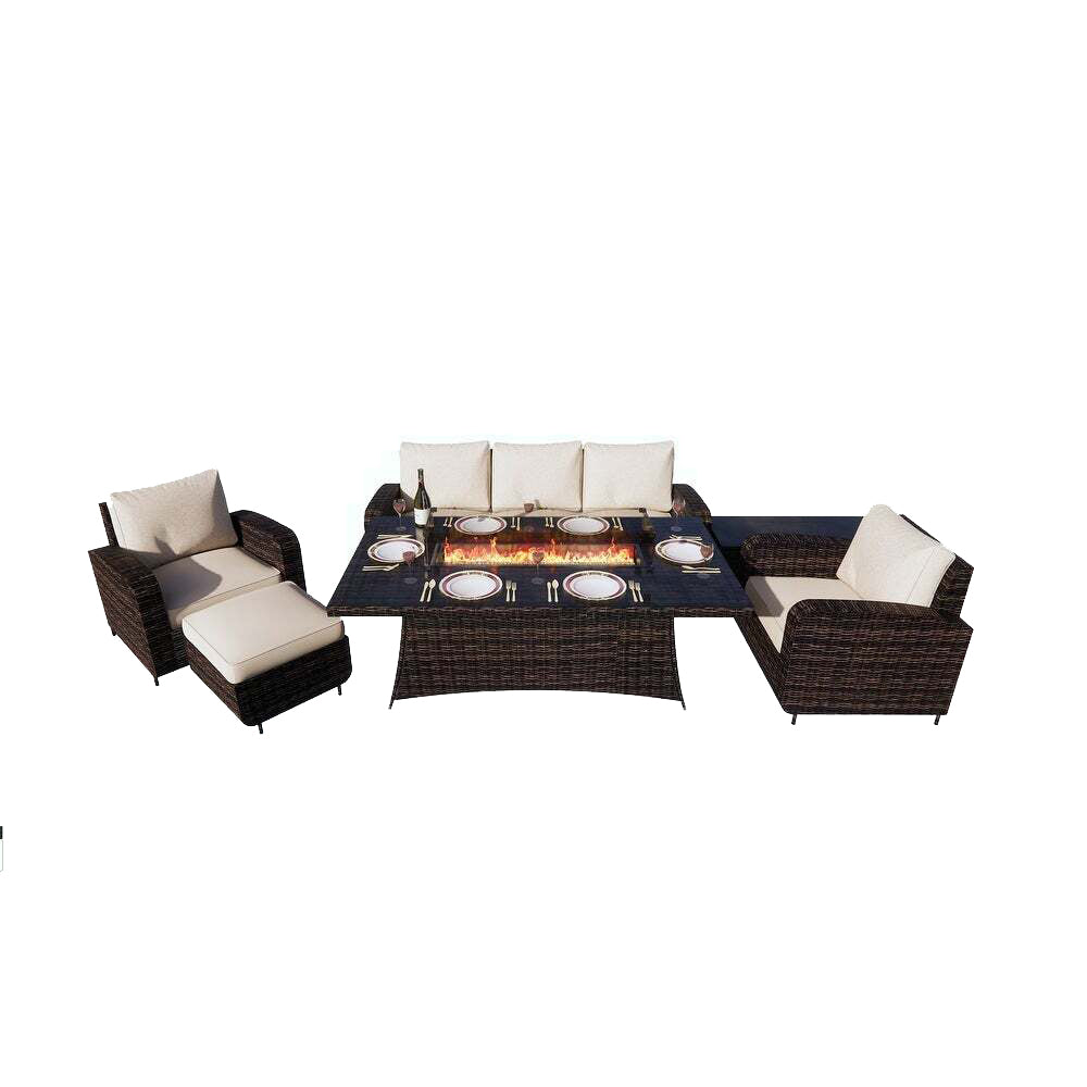 Patio Wicker Fire Pit Dining Table with Sofa Set(BBQ Plate needs to be purchased separately)