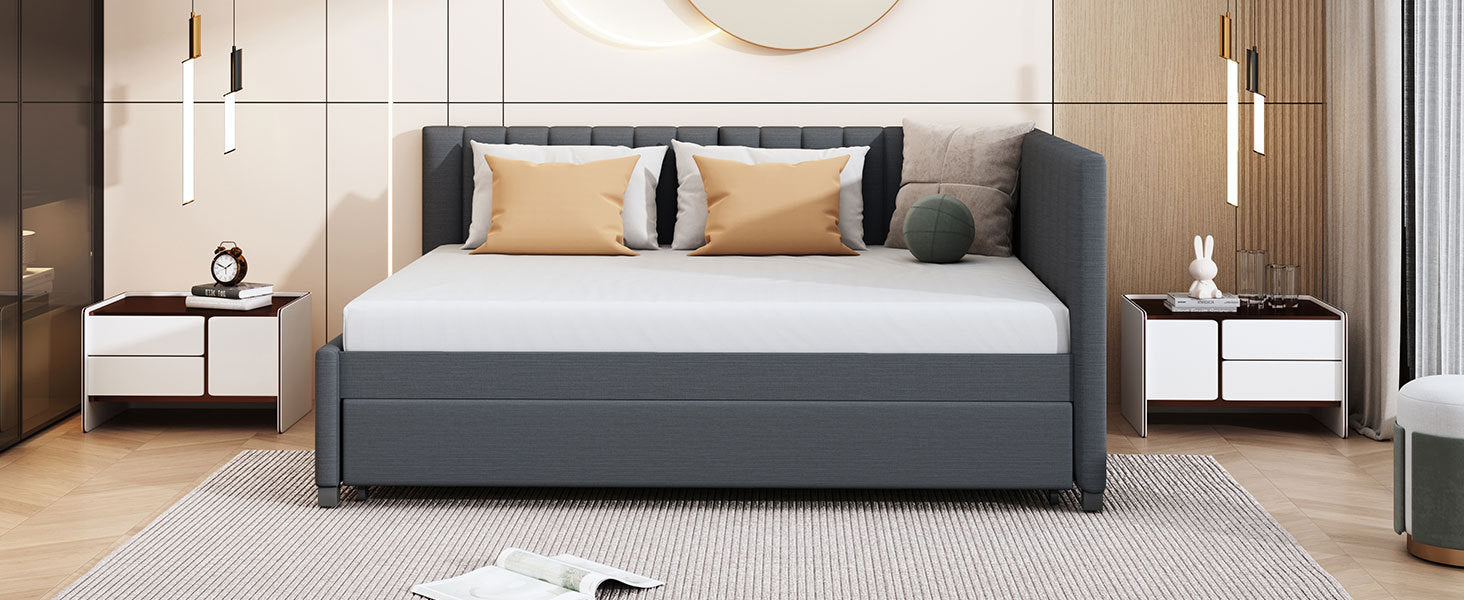 Full Size Upholstered Daybed with Trundle Sofa Bed Frame No Box Spring Needed, Linen Fabric(Gray)