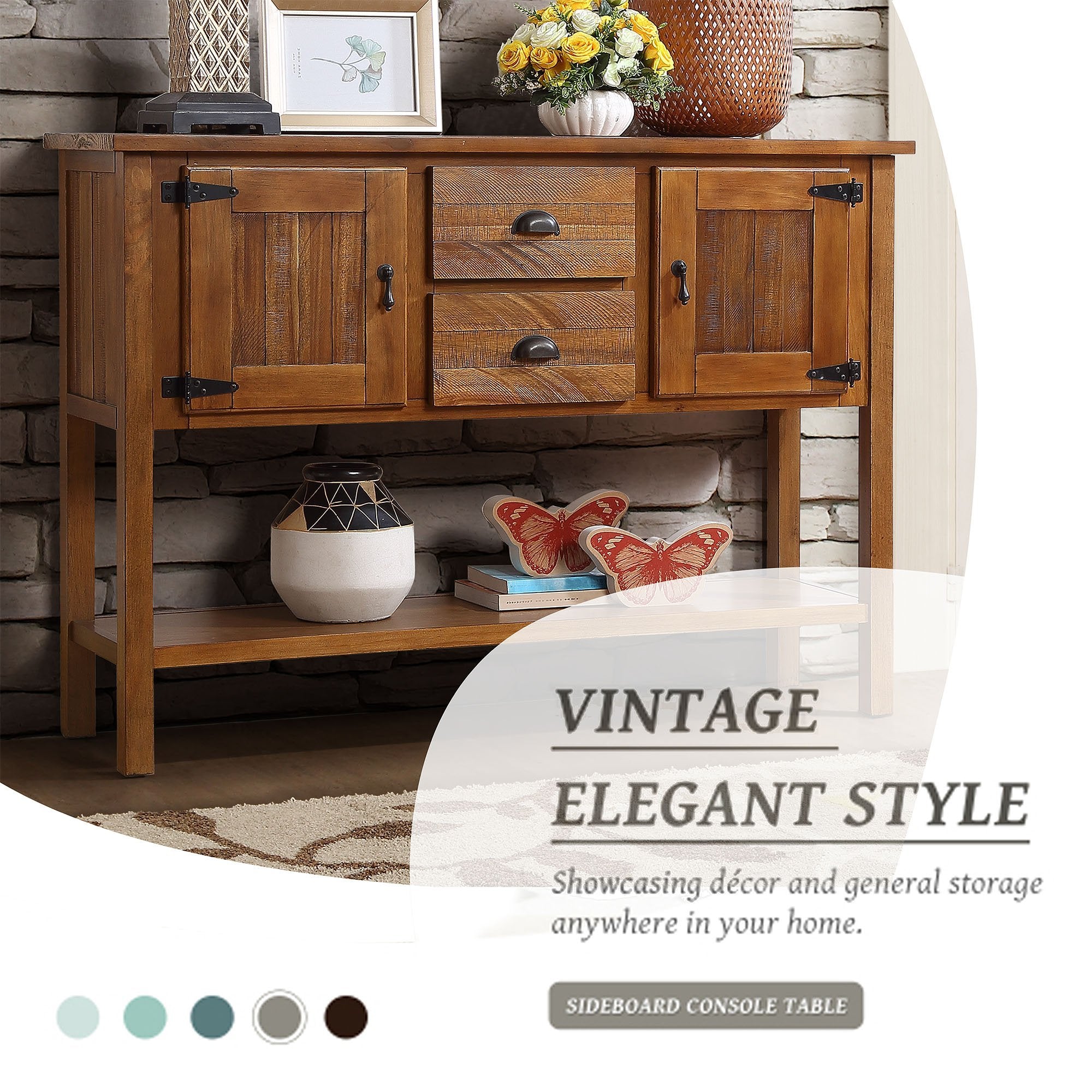 48'' Solid Wood Sideboard Console Table with 2 Drawers and Cabinets and Bottom Shelf, Retro Style Storage Dining Buffet Server Cabinet for Living Room Kitchen Dining Room(Brown)