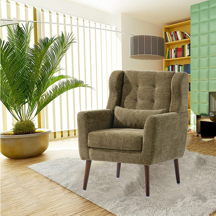 Modern Accent Chair,Chenille Arm Chairs for Living Room,Upholstered Mordern Armchair,Comfy Soft Padded Lounge Chair in Small Space, Bedroom, w/Pillow, Solid Wood Leg (Olive Green)