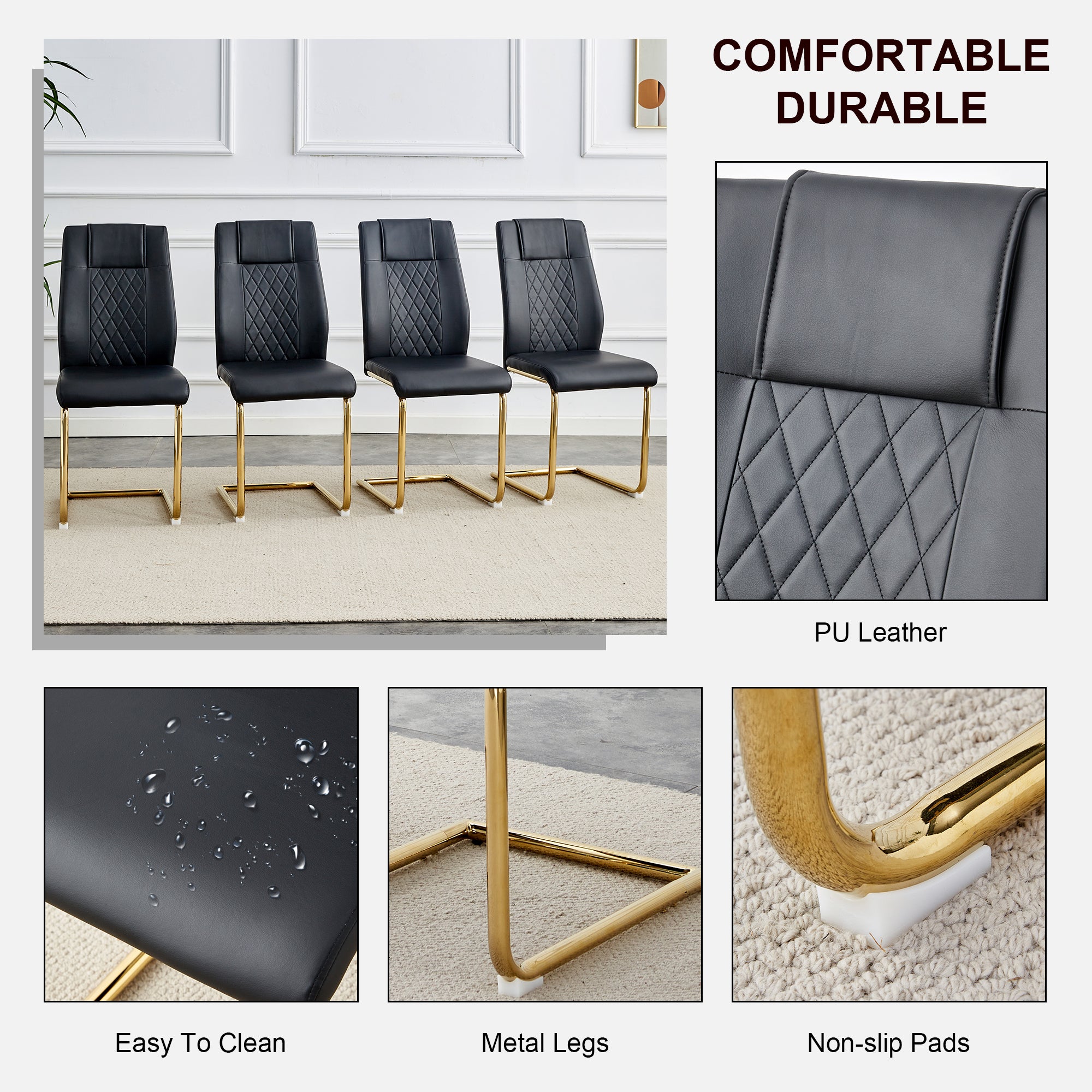 Modern dining chairs with faux leather padded seats, dining room chairs, gold metal leg upholstered chairs, suitable for kitchens, living rooms, bedrooms, and offices, set of 4 (black+PU leather)C-001
