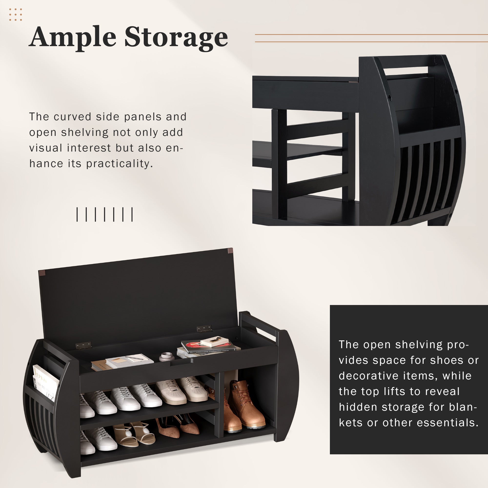 TREXM Retro Multifunctional Storage Bench with Cushion and Curved Side Panel for Entrance and Living Room (Black)