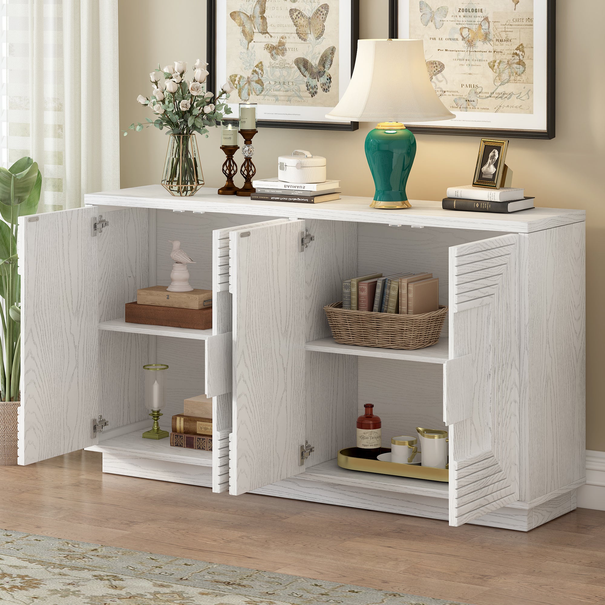 TREXM Vintage Distressed 4-Door Sideboard with Adjustable Shelves and Geometric Pattern for Dining Room, Kitchen and Living Room (Antique White)