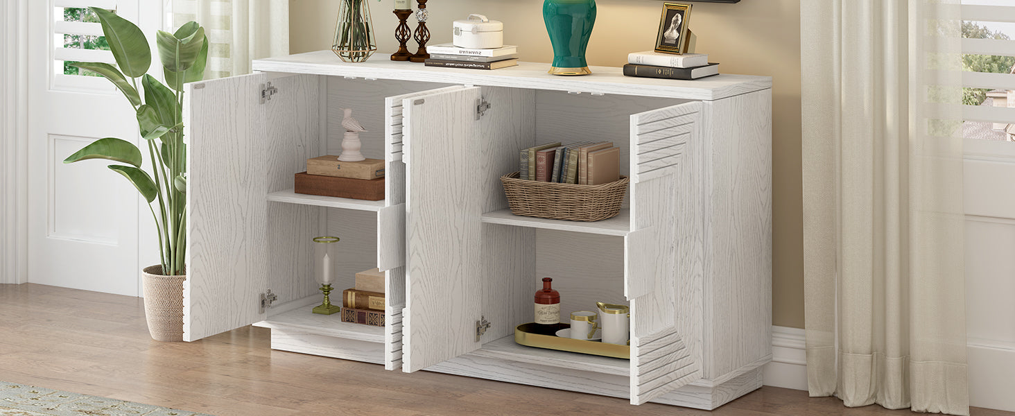TREXM Vintage Distressed 4-Door Sideboard with Adjustable Shelves and Geometric Pattern for Dining Room, Kitchen and Living Room (Antique White)