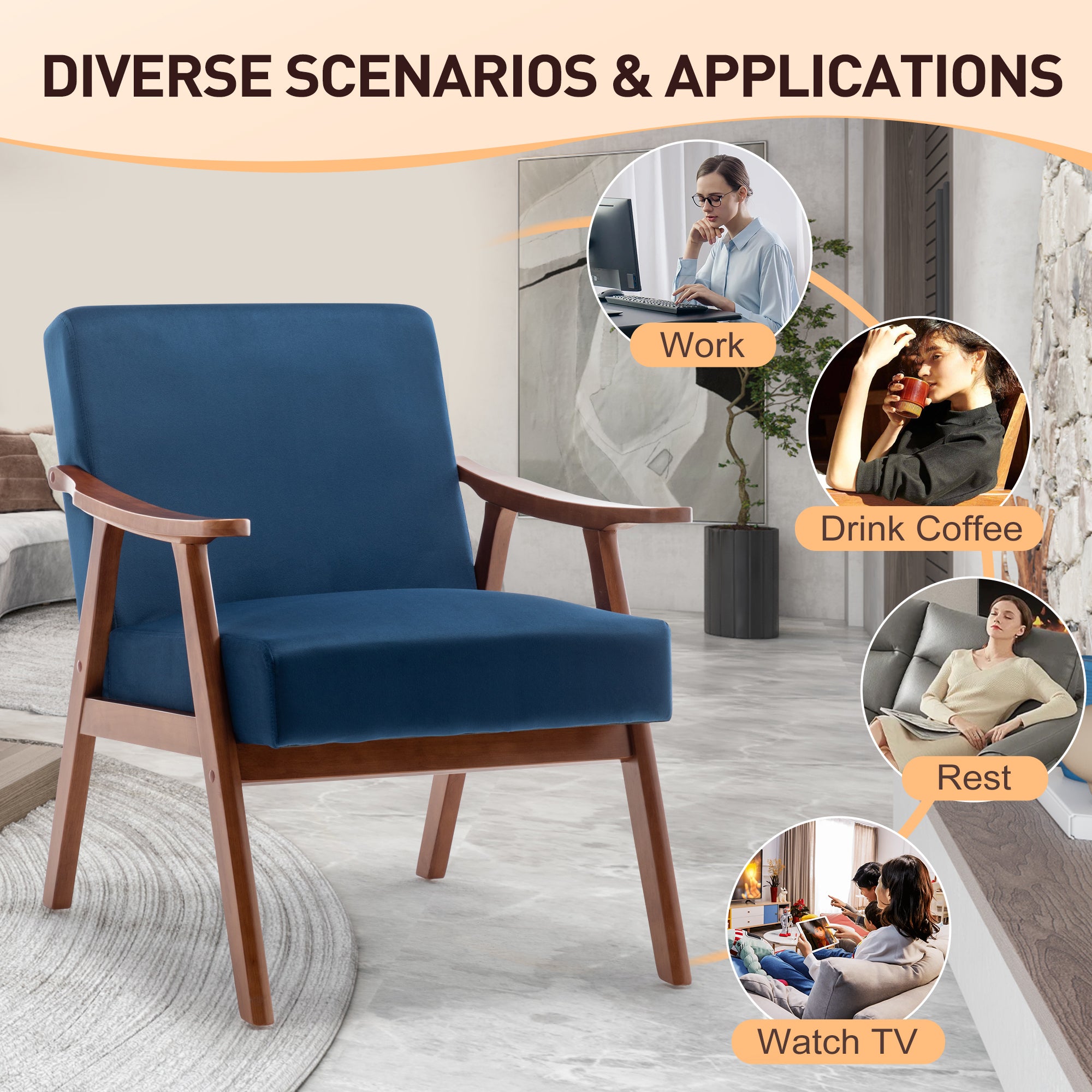 Mid-Century Modern Chair, Living Room Chair with Solid Wood Frame, Accent Chair Extra-Thick Backrest, Wingback Chair for Bedroom, Reading Room, Living Room, Lounge Chair Indoor