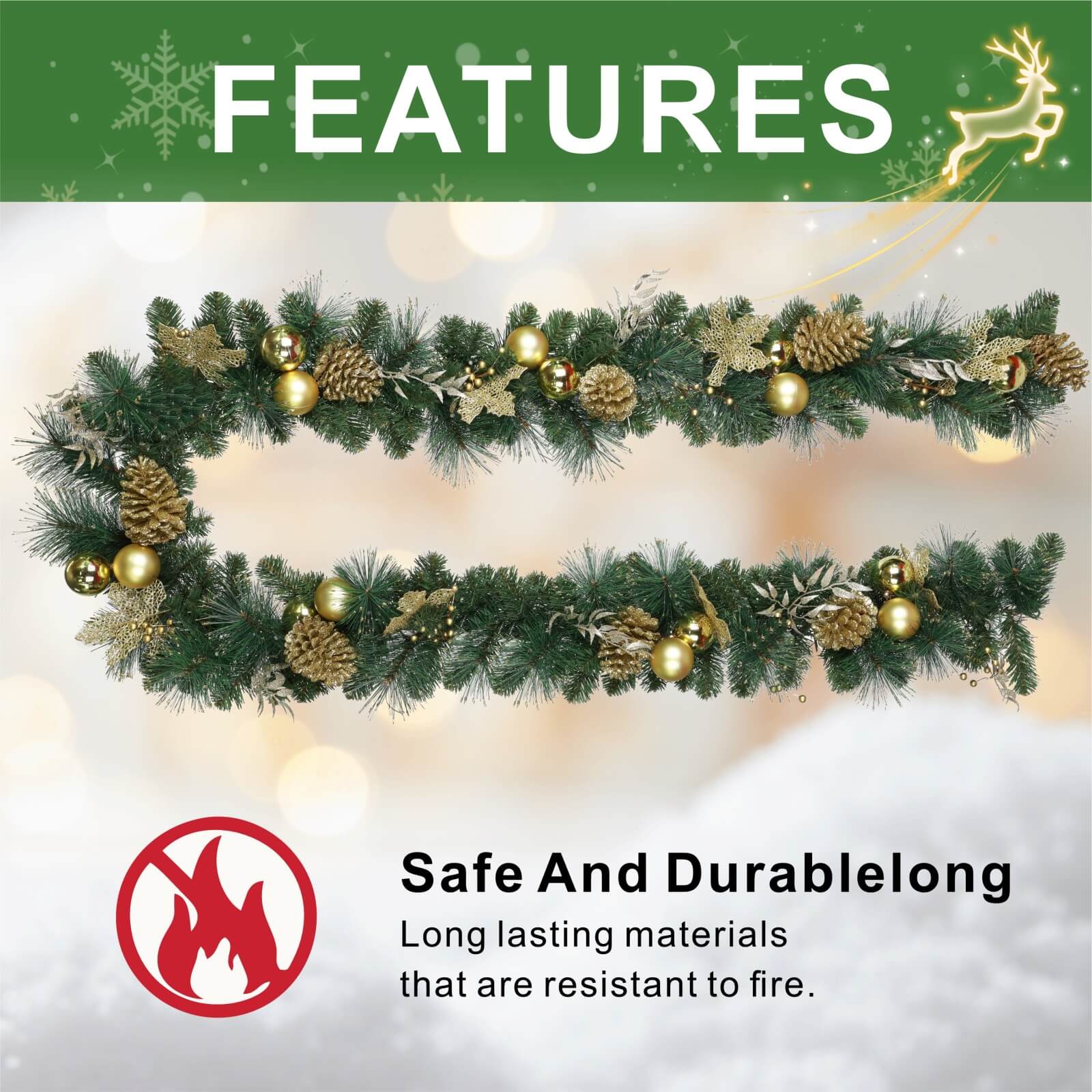 Holiday Pine Garland with Gold Details & Warm White LEDs(PJG-2511)