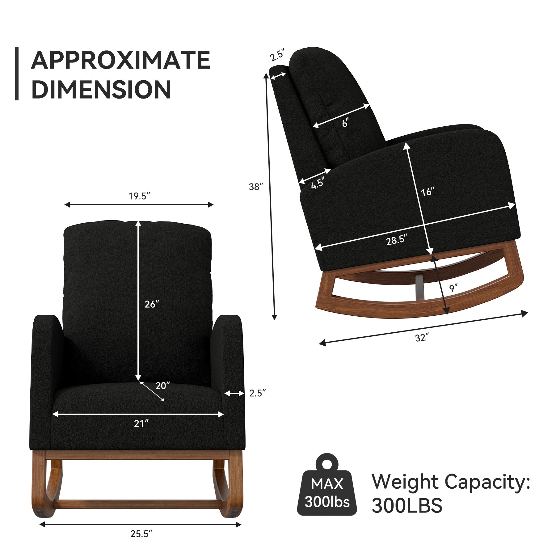 105-Degree Rocking Chair – Multiple Colors, 300 lbs Weight Capacity, Soft and Breathable, Sturdy and Stable