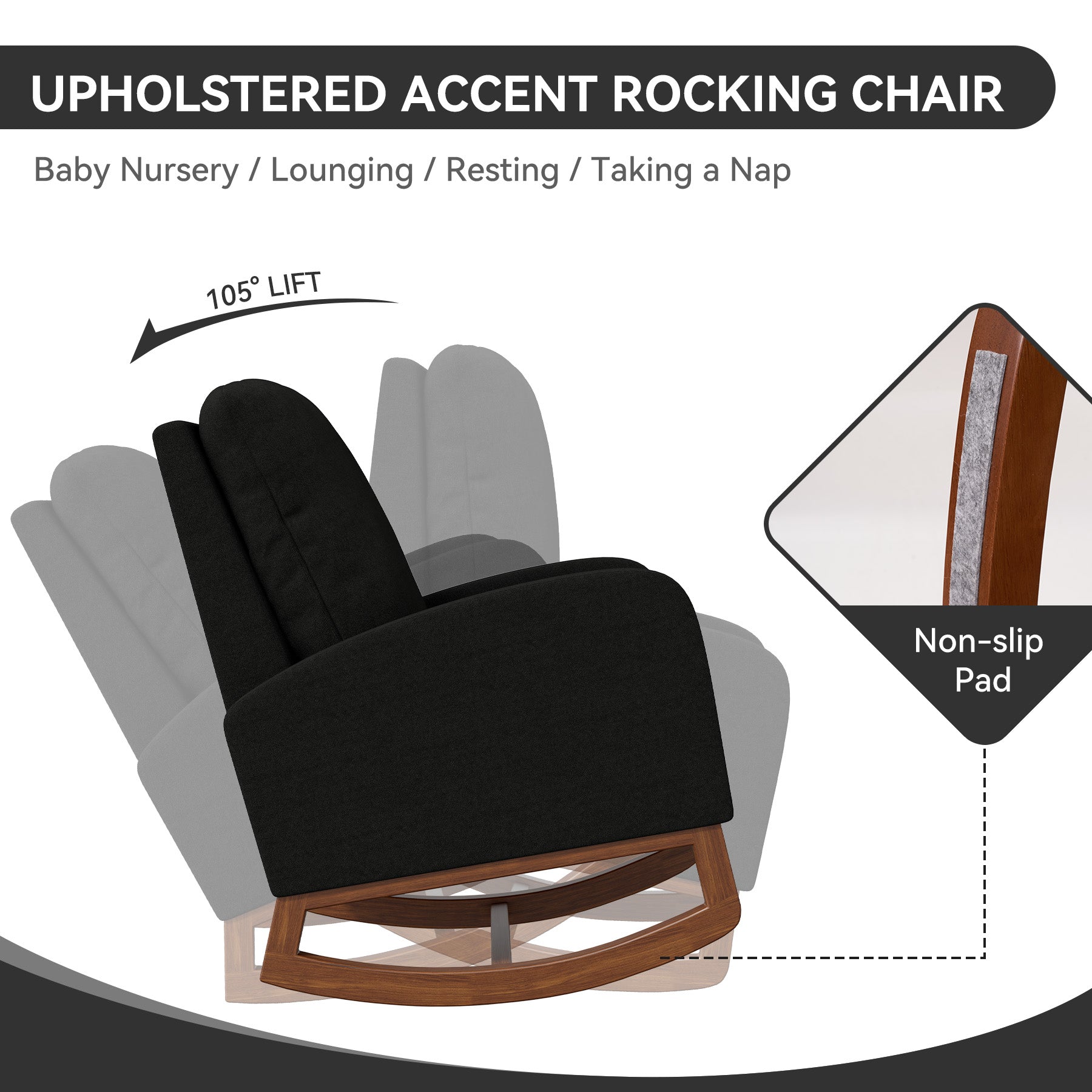 105-Degree Rocking Chair – Multiple Colors, 300 lbs Weight Capacity, Soft and Breathable, Sturdy and Stable