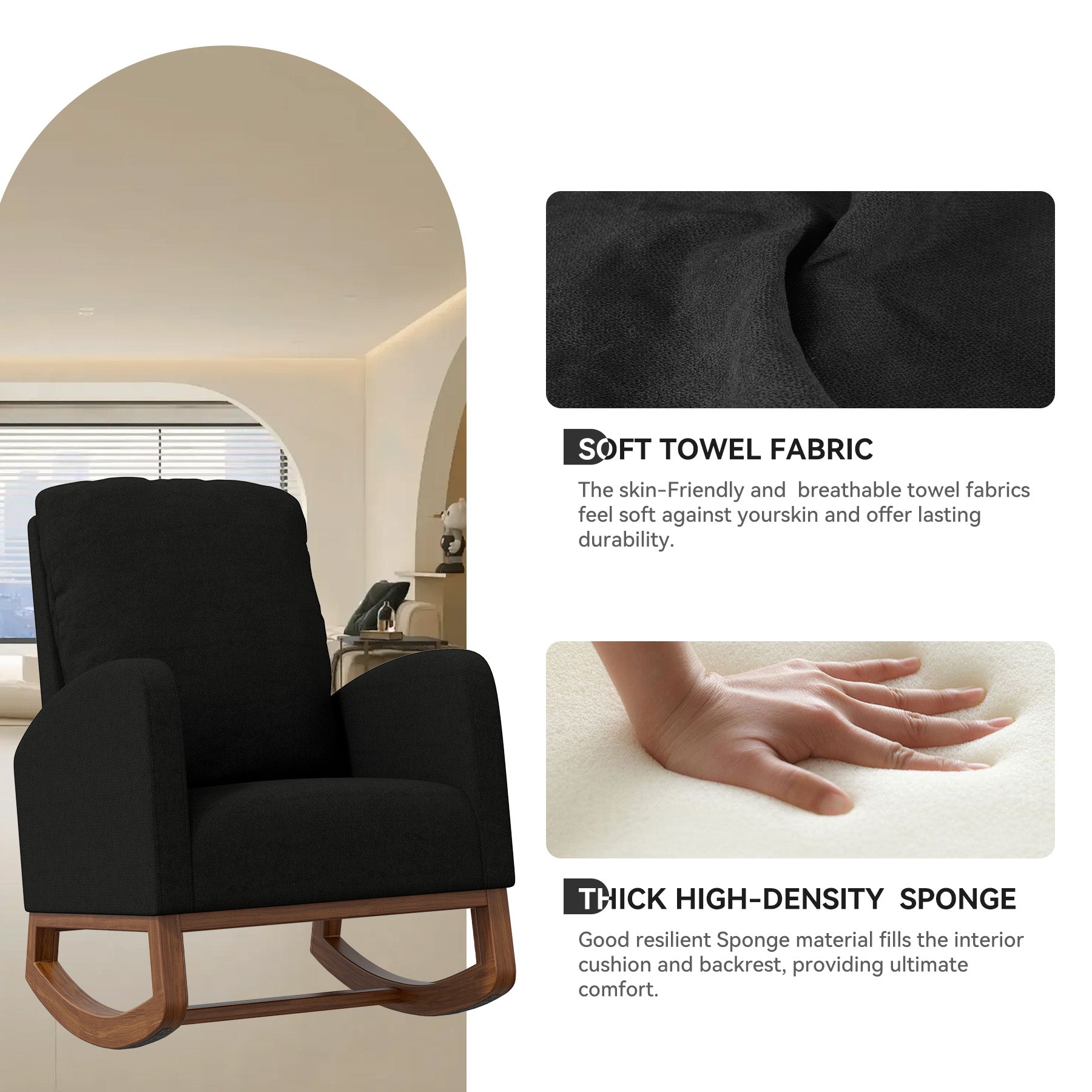 105-Degree Rocking Chair – Multiple Colors, 300 lbs Weight Capacity, Soft and Breathable, Sturdy and Stable
