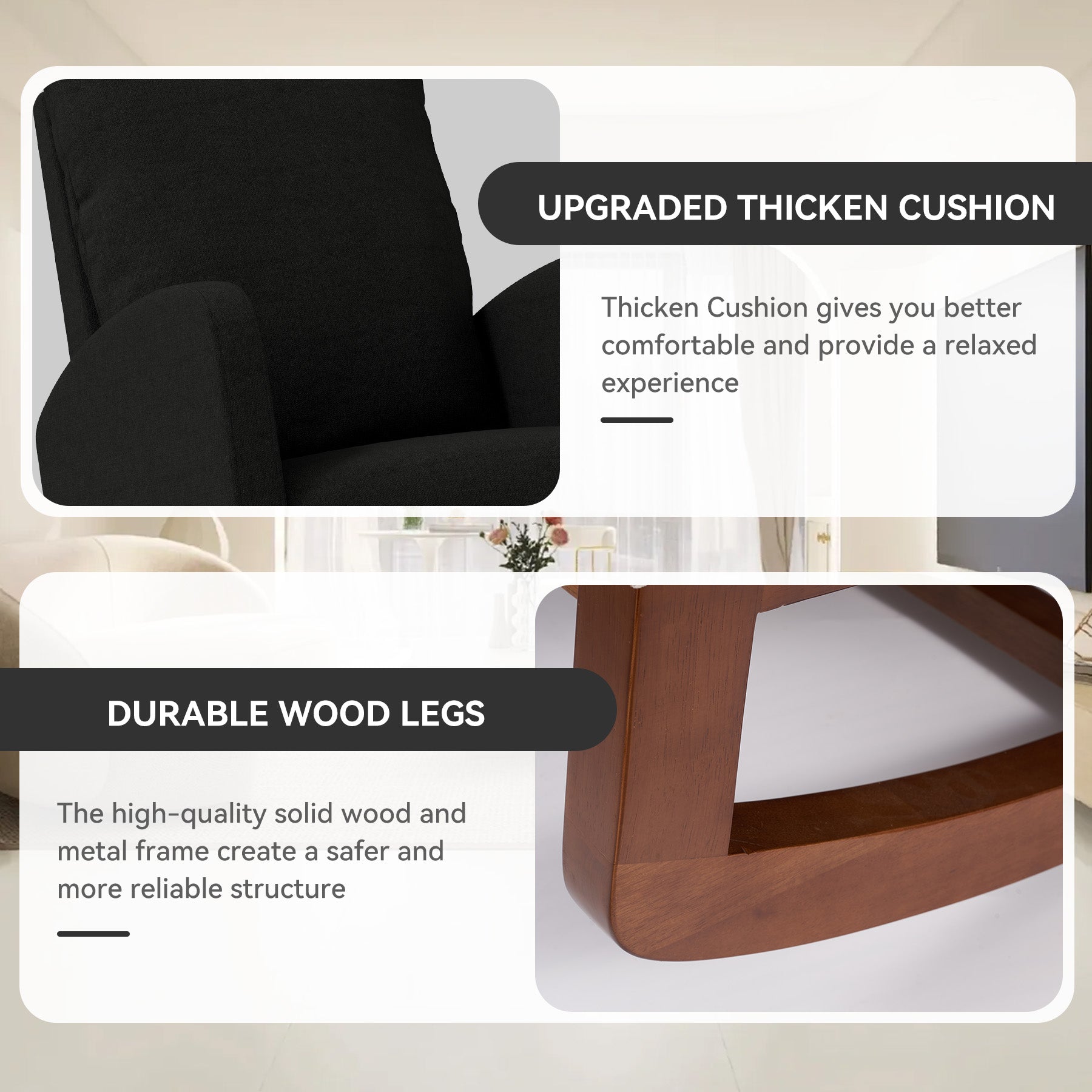 105-Degree Rocking Chair – Multiple Colors, 300 lbs Weight Capacity, Soft and Breathable, Sturdy and Stable