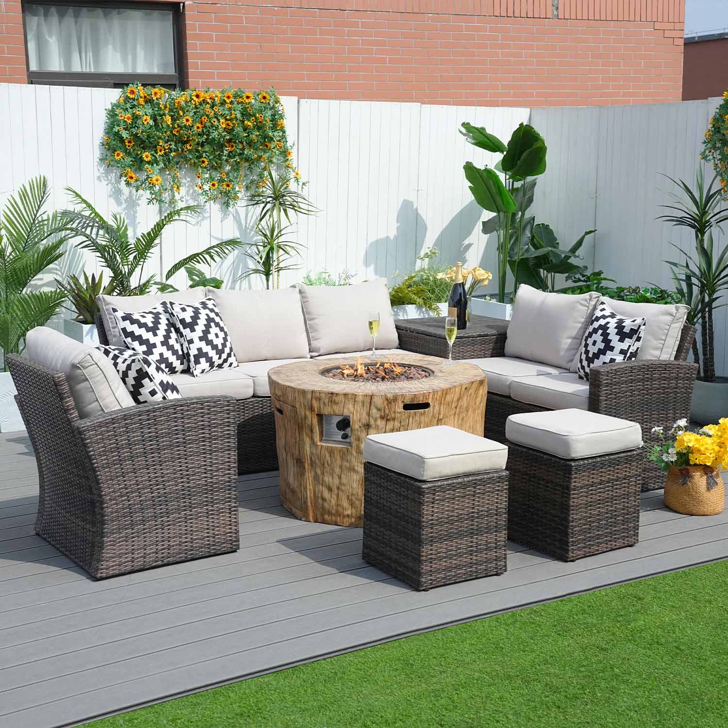 Abrihome Aurora 7PCS Patio Garden Rattan Wicker Dining Sofa Fire Table Set (PAS-1403B+2180)