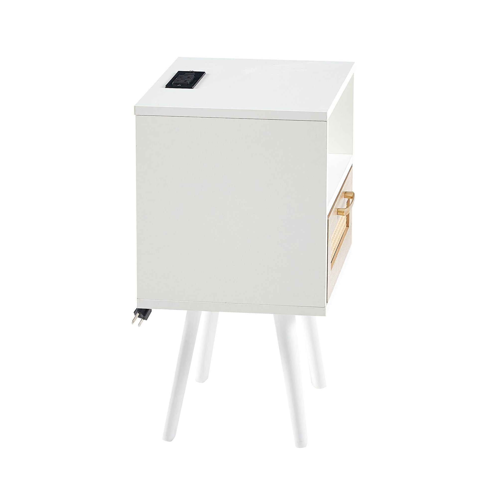 15.75" Rattan End table with Power Outlet  & USB Ports , Modern nightstand with drawer and solid wood legs, side table for living room, bedroom, white