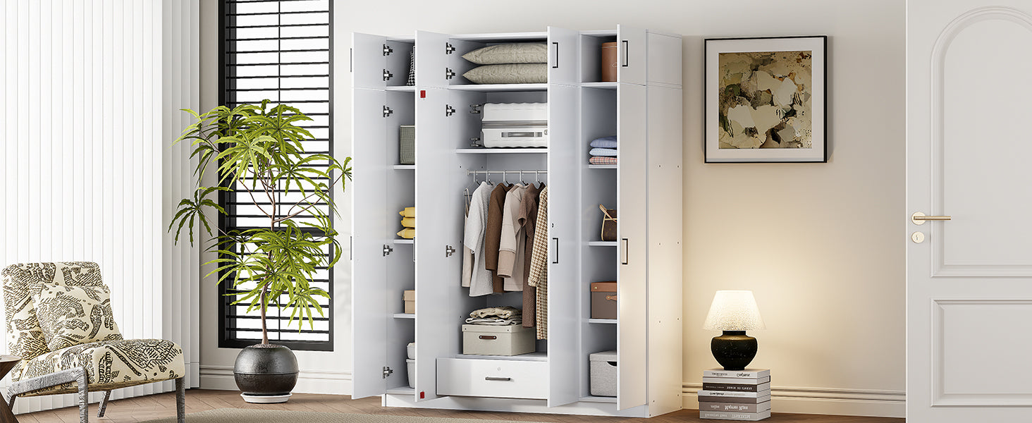 4-Door Wardrobe with 1 Drawer and Top Cabinet , White