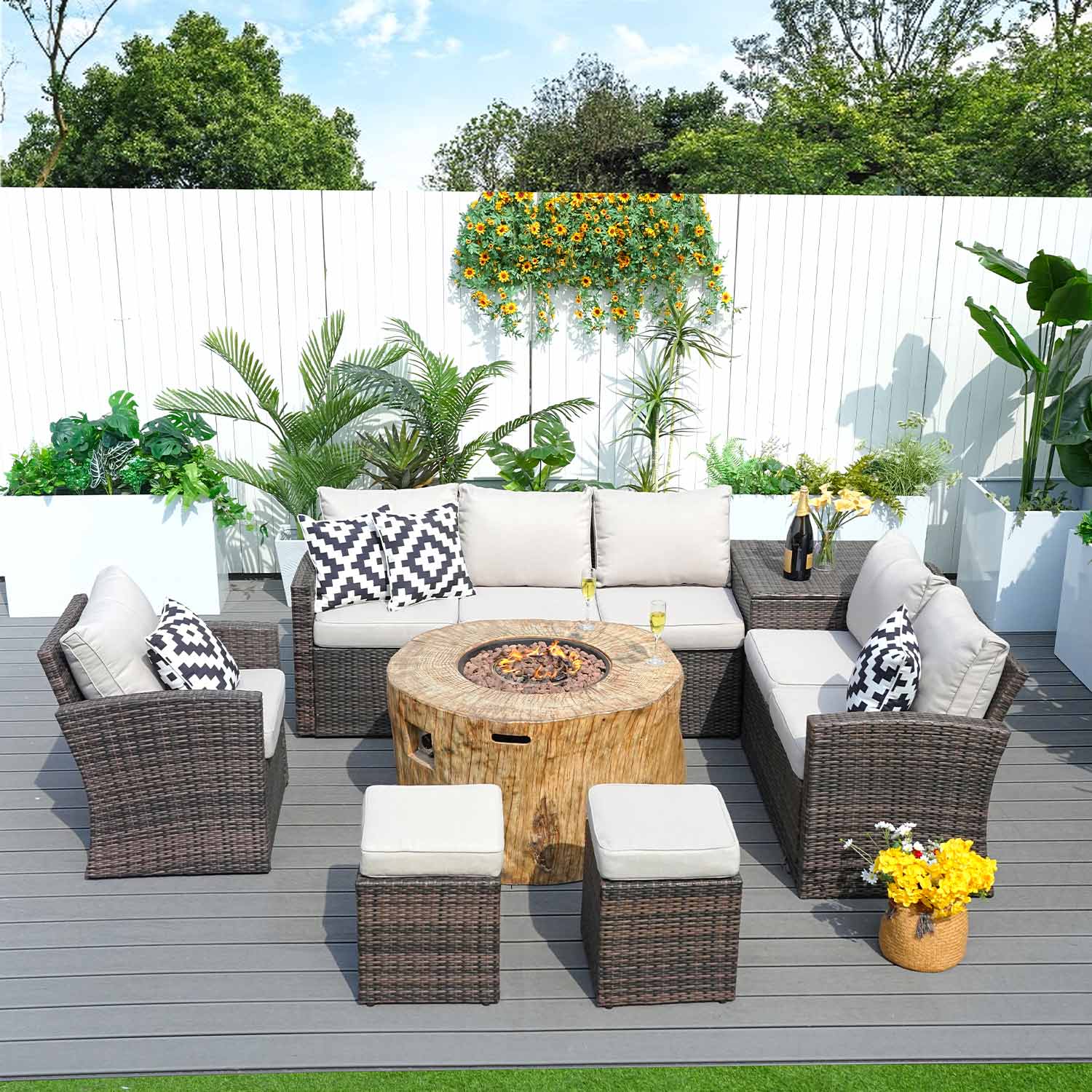 Abrihome Aurora 7PCS Patio Garden Rattan Wicker Dining Sofa Fire Table Set (PAS-1403B+2180)