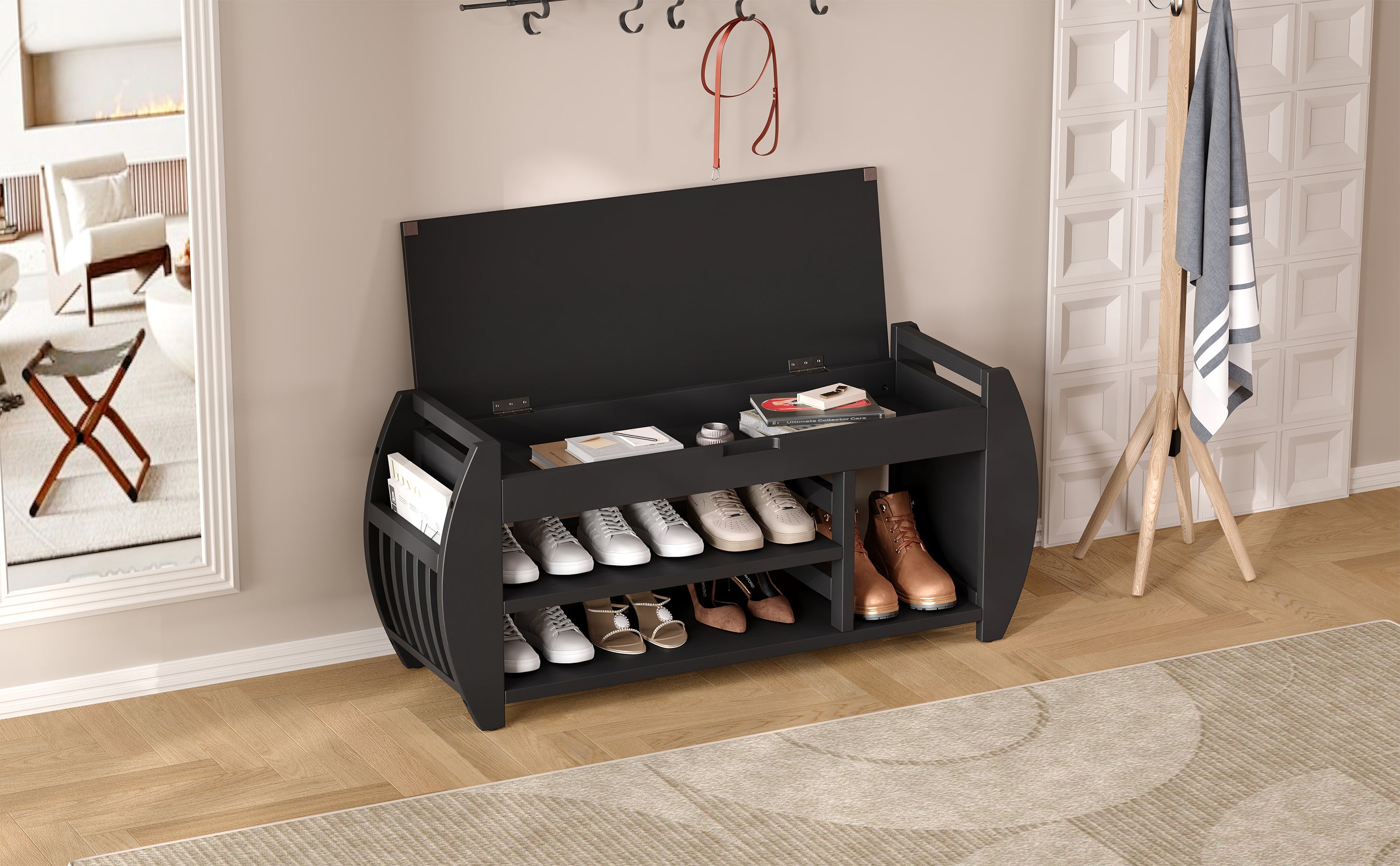 TREXM Retro Multifunctional Storage Bench with Cushion and Curved Side Panel for Entrance and Living Room (Black)