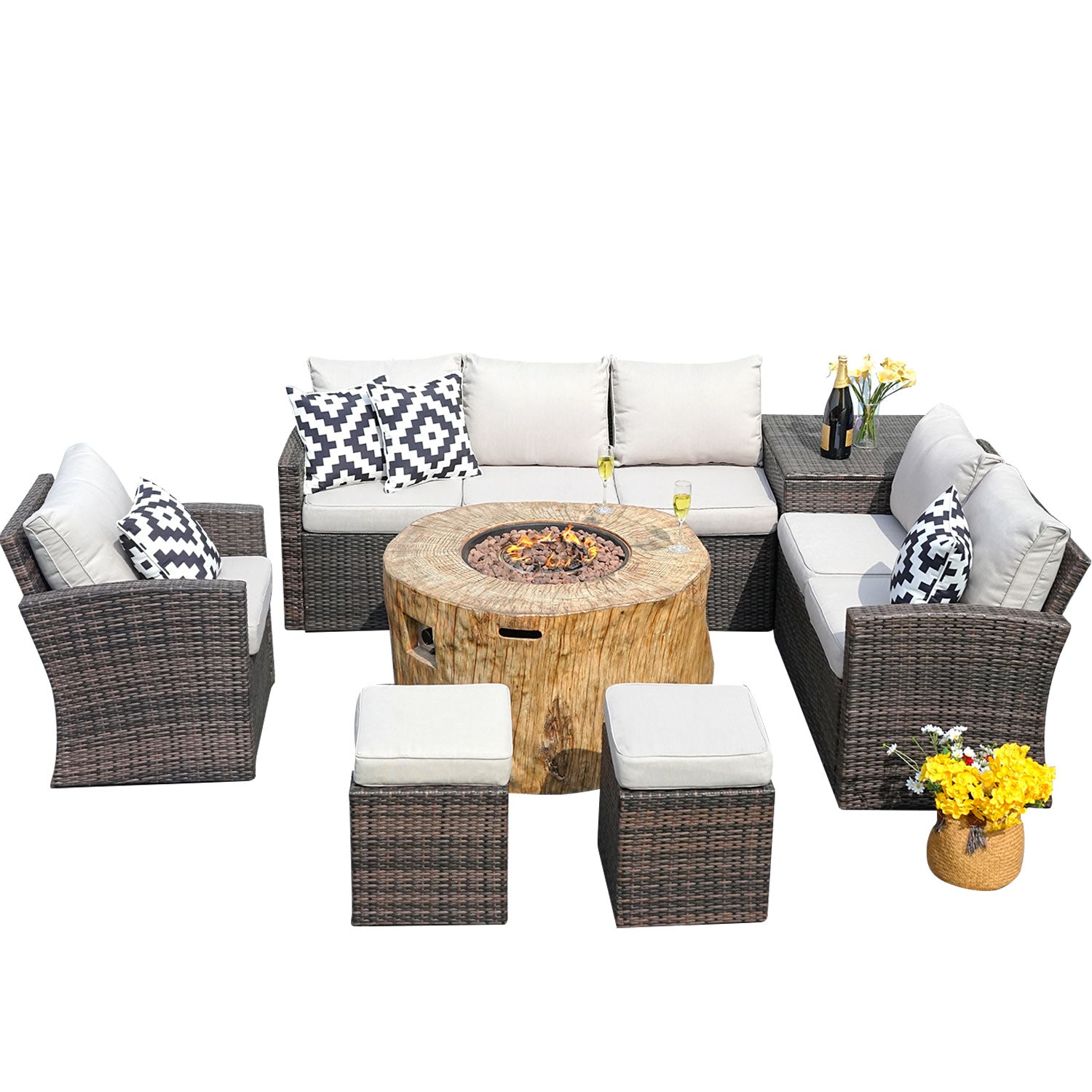 Abrihome Aurora 7PCS Patio Garden Rattan Wicker Dining Sofa Fire Table Set (PAS-1403B+2180)