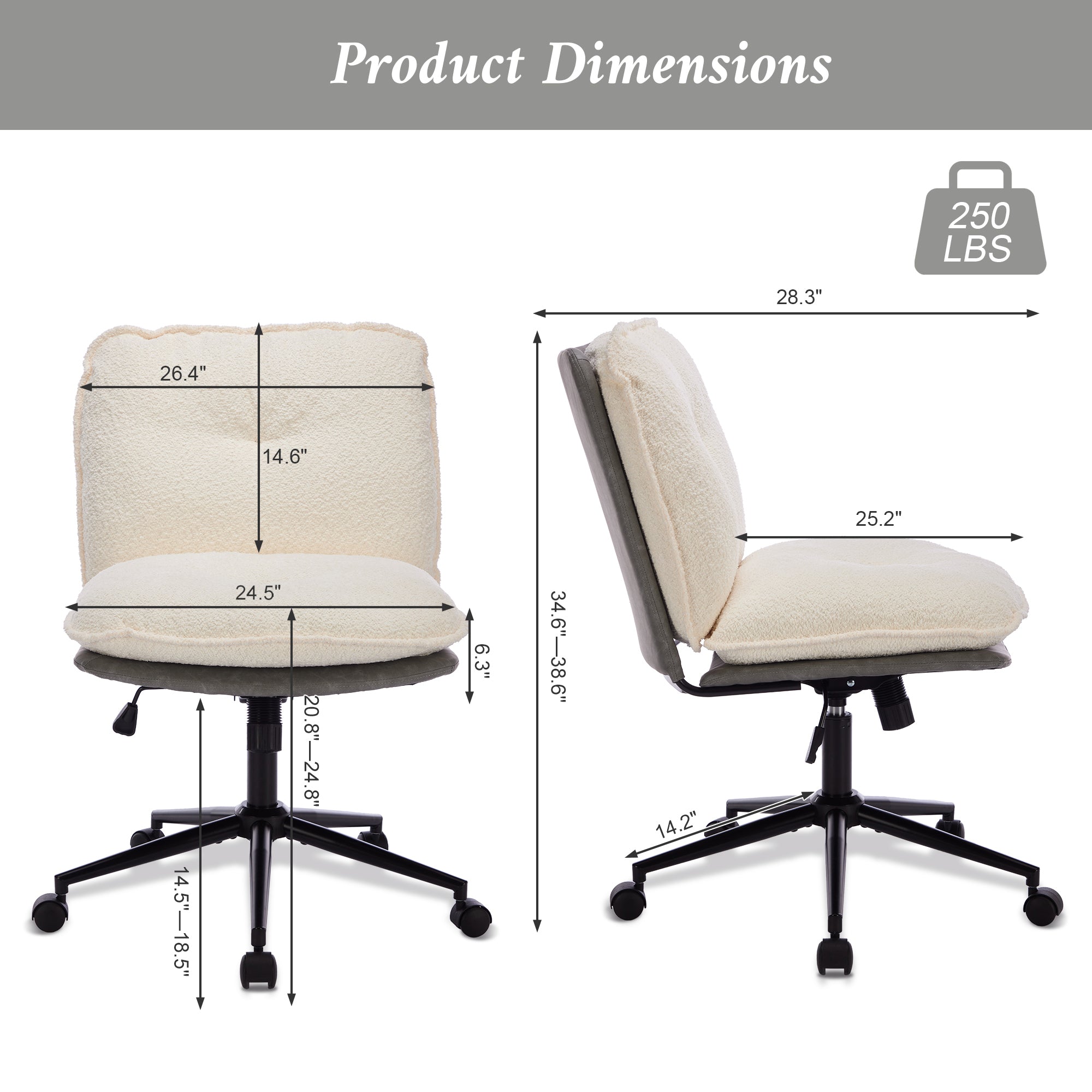 Oversize Seat Cirss Cross Chair with Wheels, Elegant Design Computer Chair, Adjustable Height 360° Rolling Swivel Home Office Chair for Small Space, Dressing Room, Living Room (GRAY+WHITE)