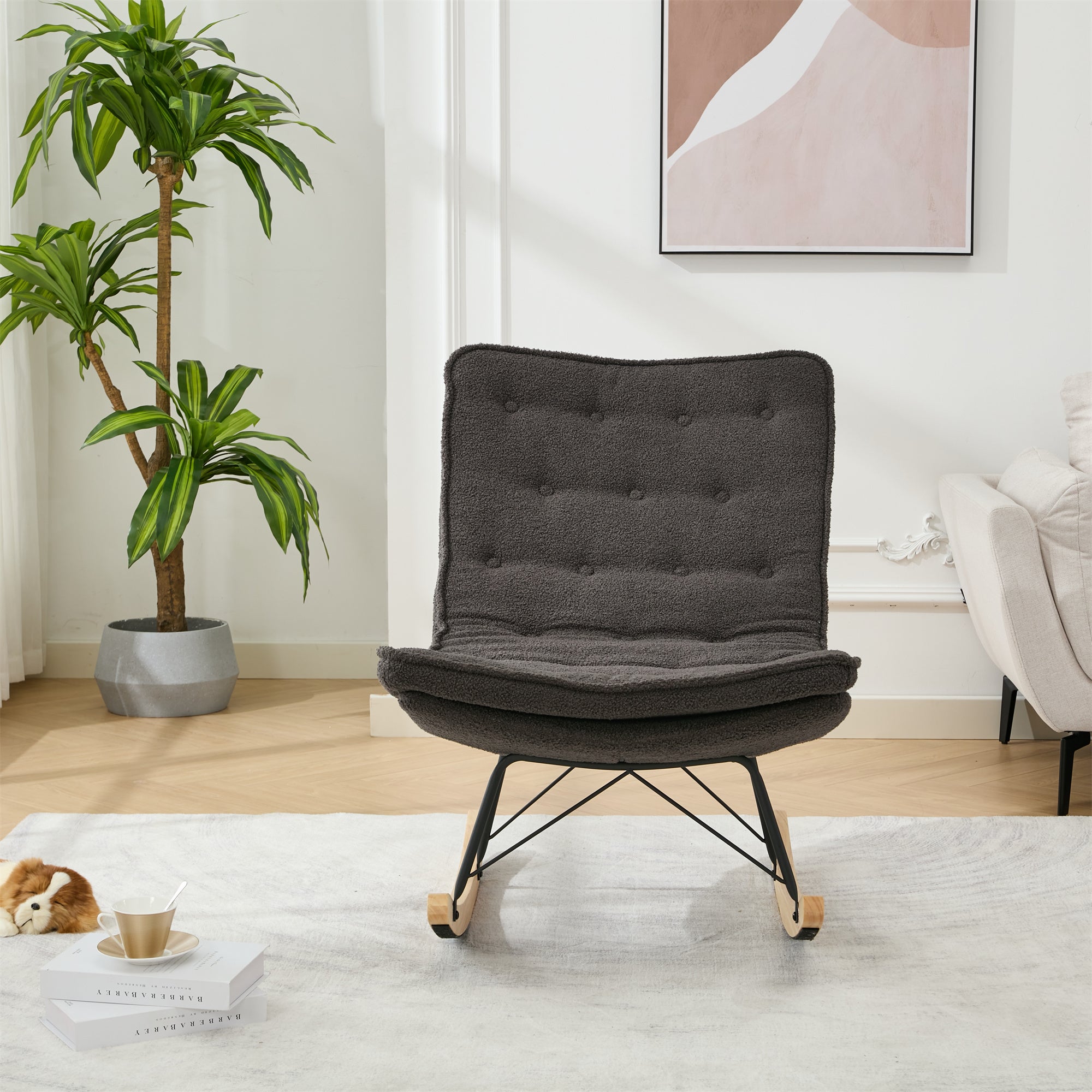 Lazy Rocking Chair,Comfortable Lounge Chair with Wide Backrest and Seat Wood Base, Upholstered Armless Rocker Chair for Living room, Balcony,Bedroom and Patio Porch. (GREY)