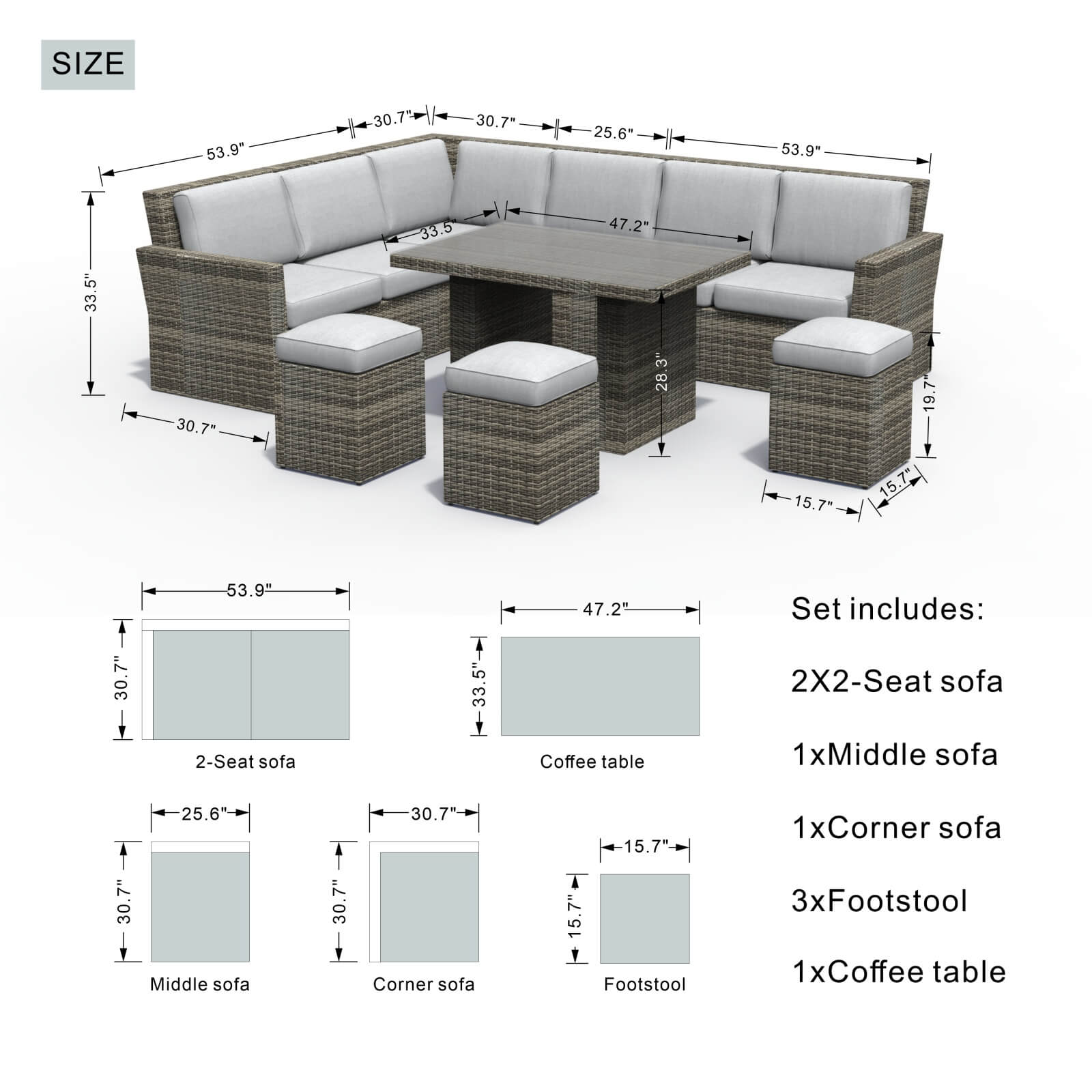 Outdoor Corner Sofa Set with Rectangular Dining Table and Ottoman(PAS-1403-SET)
