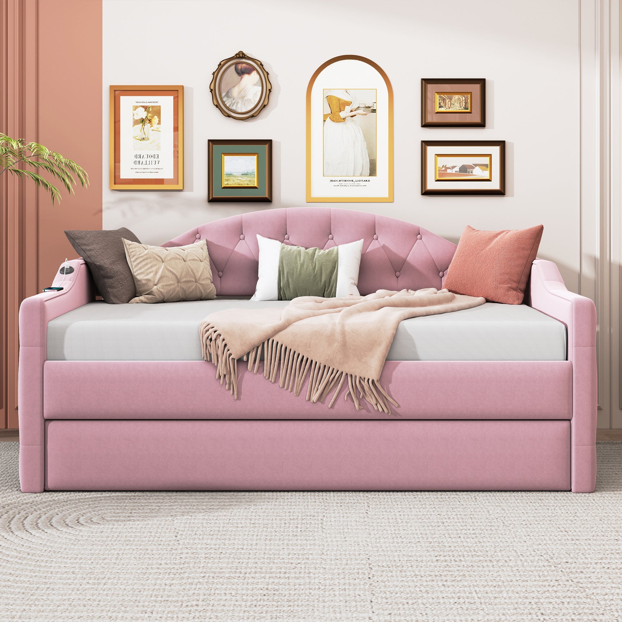 Twin Size Tufted Upholstered Daybed with Trundle ,Velvet Sofabed with USB&Type-C Charging Ports,No Box-spring Needed, Pink