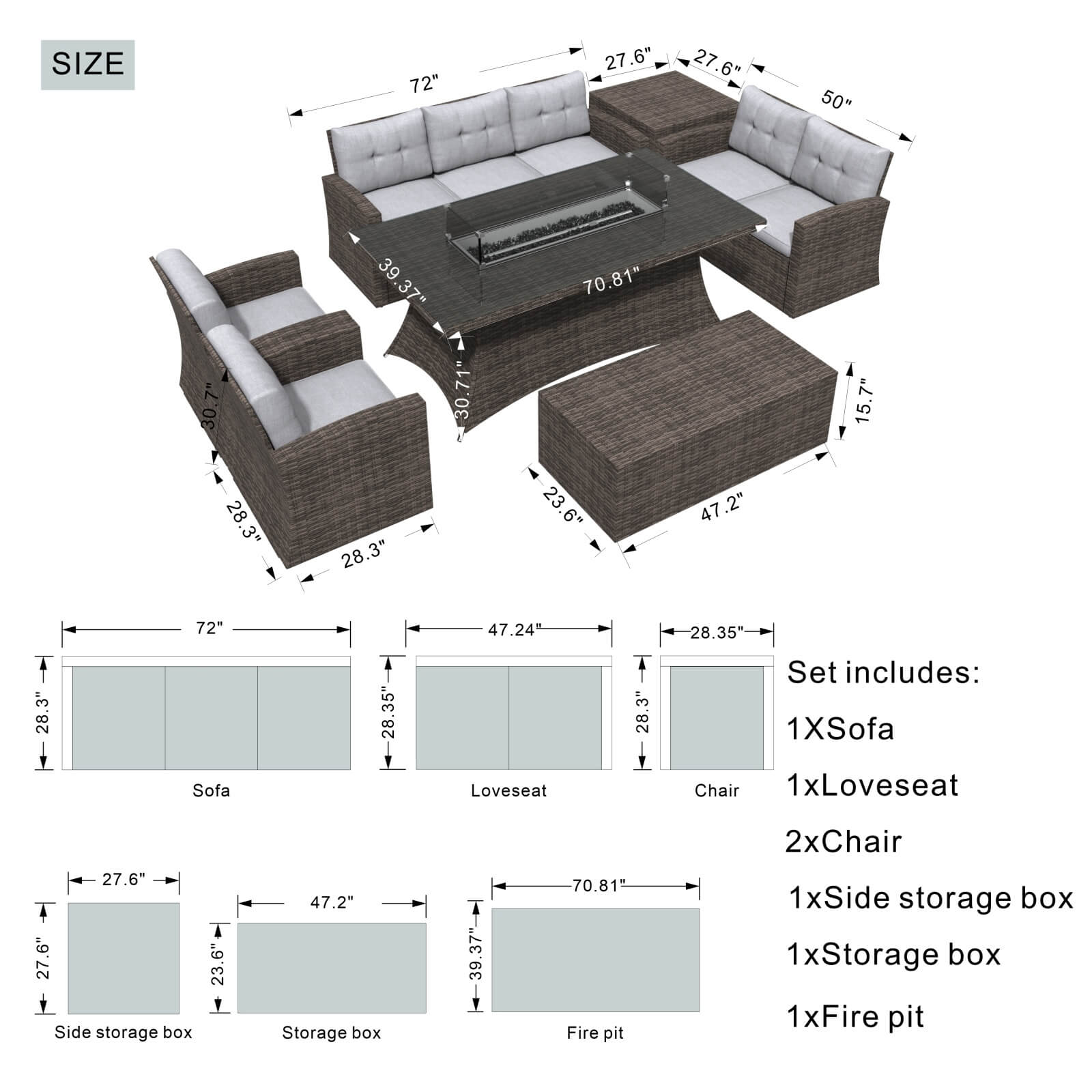 Complete 7-Piece Outdoor Seating Set with Fire Pit and Extra Storage Space(PAS-1503+1106R）