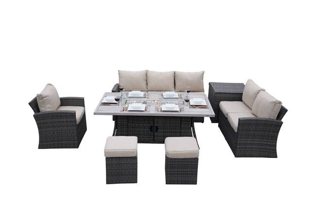 Abrihome 7-Piece Patio Wicker Dining Sofa Set with Aluminum Fire Pit Table