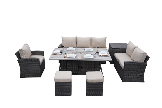Abrihome 7-Piece Patio Wicker Dining Sofa Set with Aluminum Fire Pit Table (PAS-1403B+1106RA)